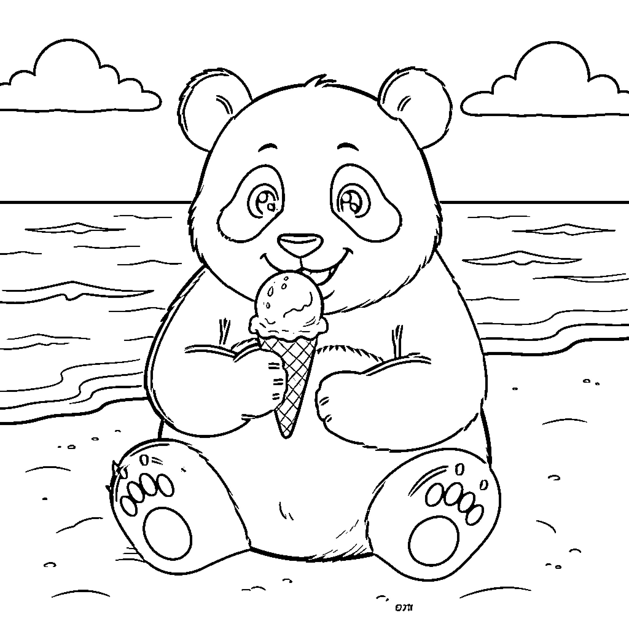 Panda sitting on a beach eating ice cream Coloring Page (free black-and-white line drawing printable PDF for all, from beginners to advanced learners, including children, teens, adults, and seniors)