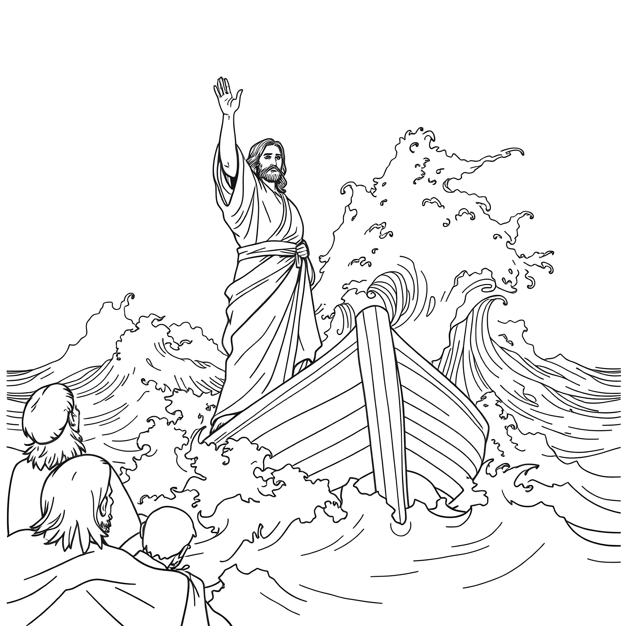Jesus parting the sea in a miraculous display Coloring Page (free black-and-white line drawing printable PDF for all, from beginners to advanced learners, including children, teens, adults, and seniors)