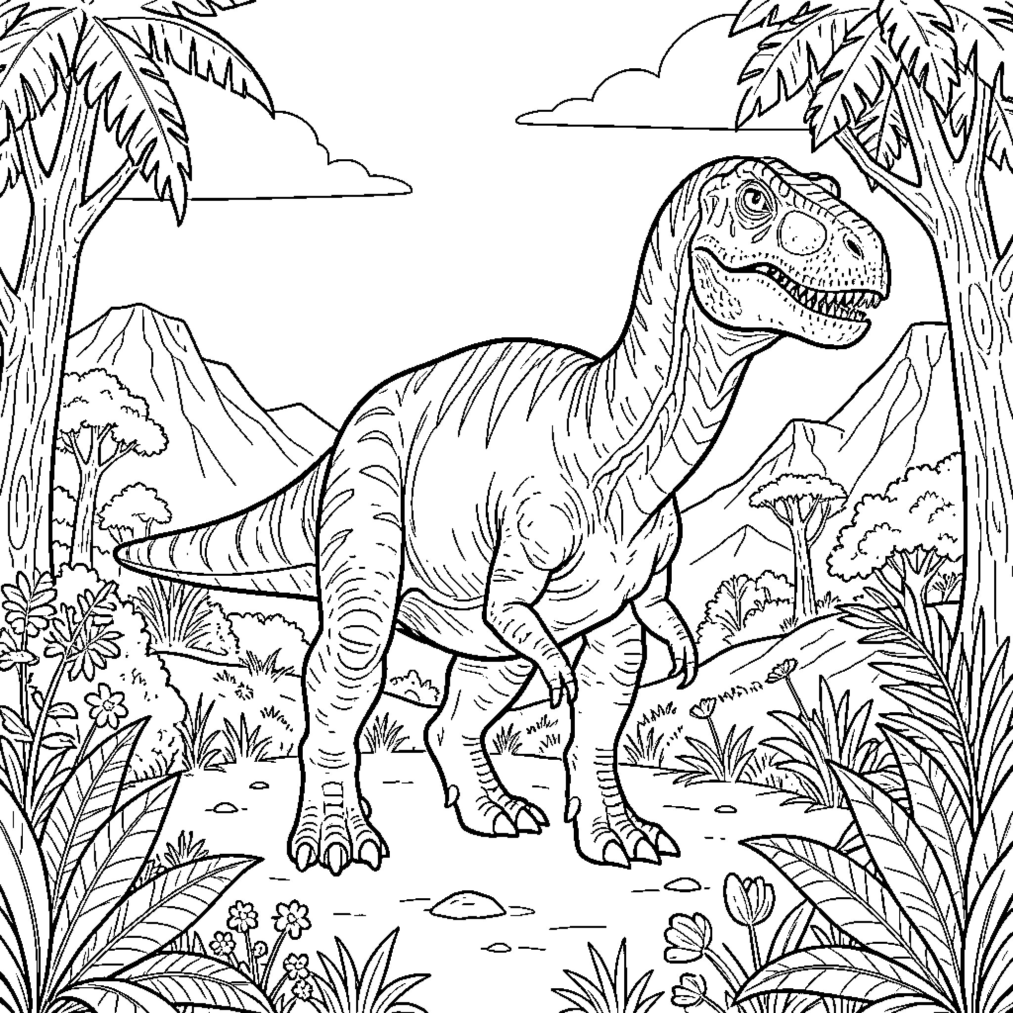 Dinosaur walking through a lush prehistoric jungle landscape Coloring Page (free black-and-white line drawing printable PDF for all, from beginners to advanced learners, including children, teens, adults, and seniors)