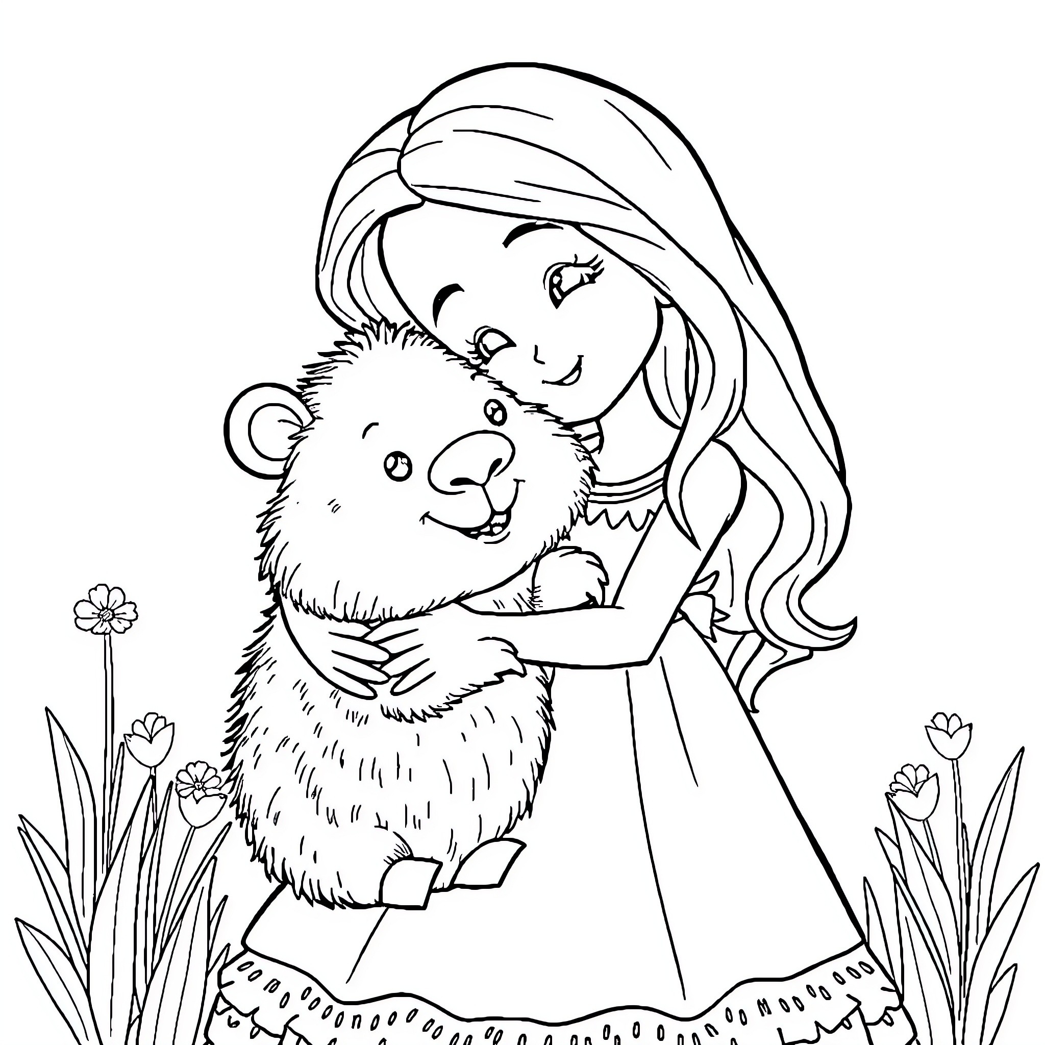 Jazmín's Tender Embrace with a Furry Friend Coloring Page (free black-and-white line drawing printable PDF for all, from beginners to advanced learners, including children, teens, adults, and seniors)