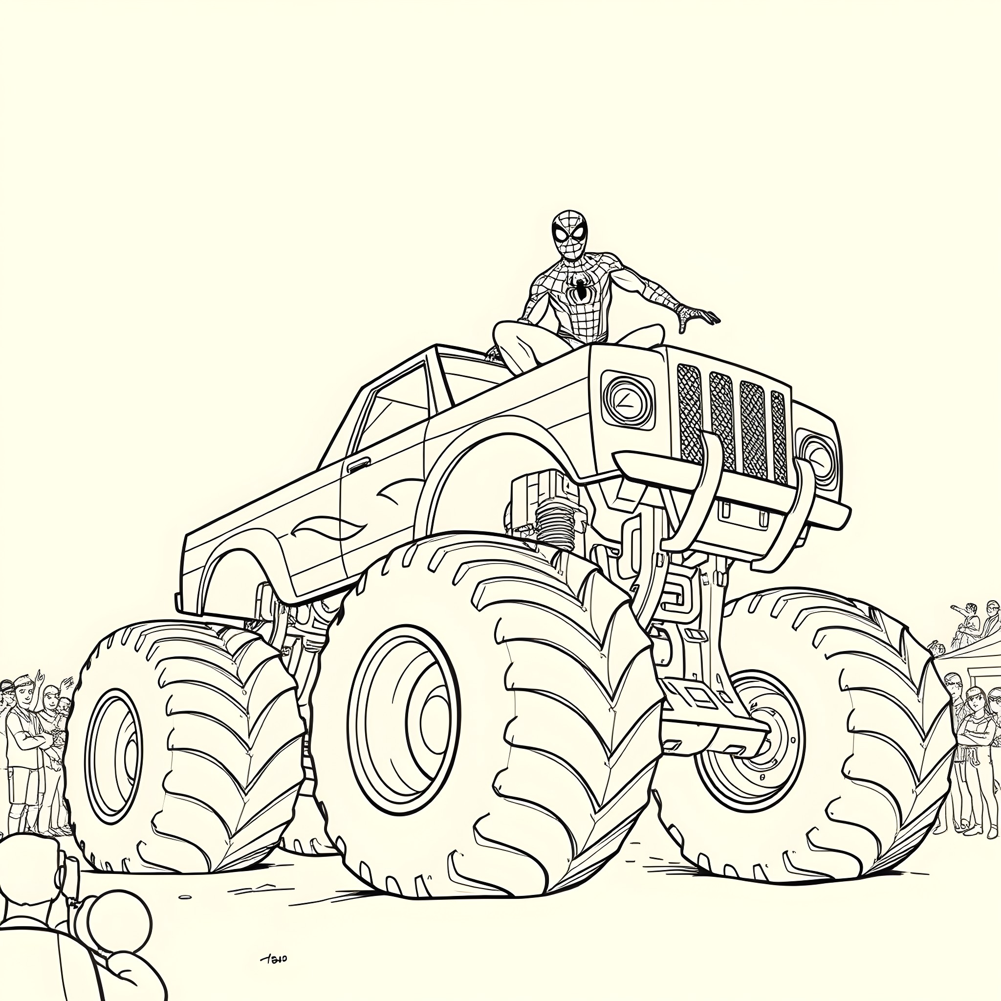 Spiderman riding a monster truck at a rally Coloring Page (free black-and-white line drawing printable PDF for all, from beginners to advanced learners, including children, teens, adults, and seniors)