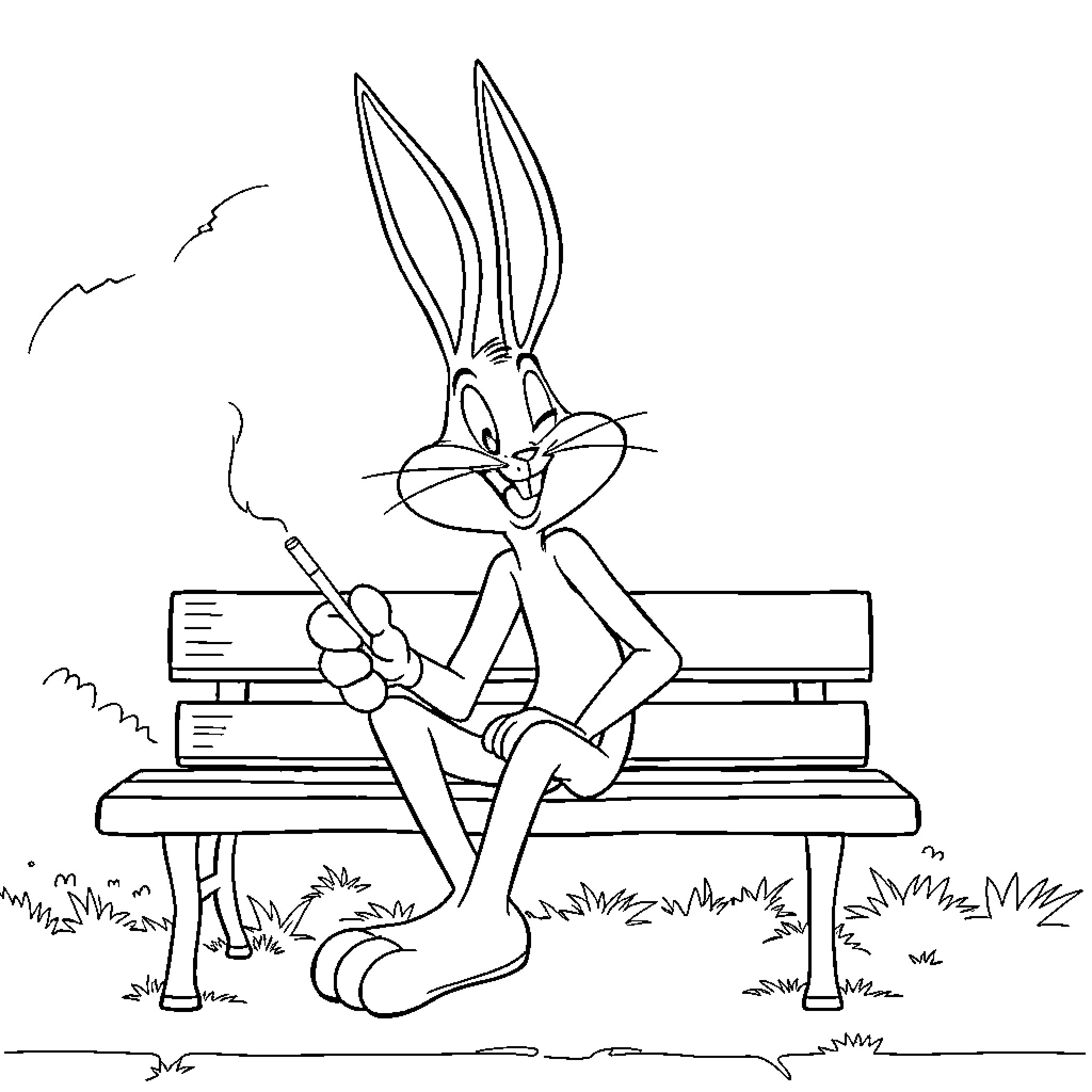 Bunny relaxing on a park bench Coloring Page (free black-and-white line drawing printable PDF for all, from beginners to advanced learners, including children, teens, adults, and seniors)