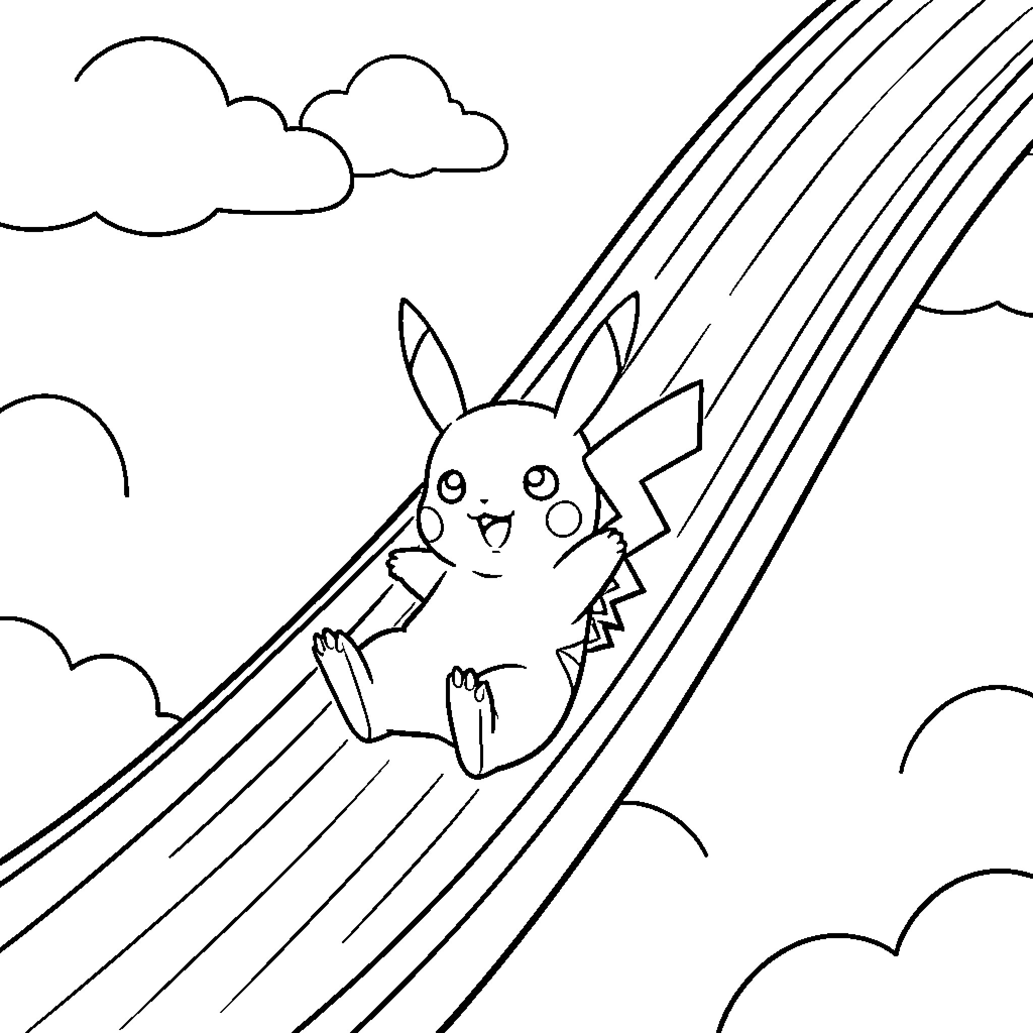 Pikachu sliding joyfully down a large rainbow Coloring Page (free black-and-white line drawing printable PDF for all, from beginners to advanced learners, including children, teens, adults, and seniors)