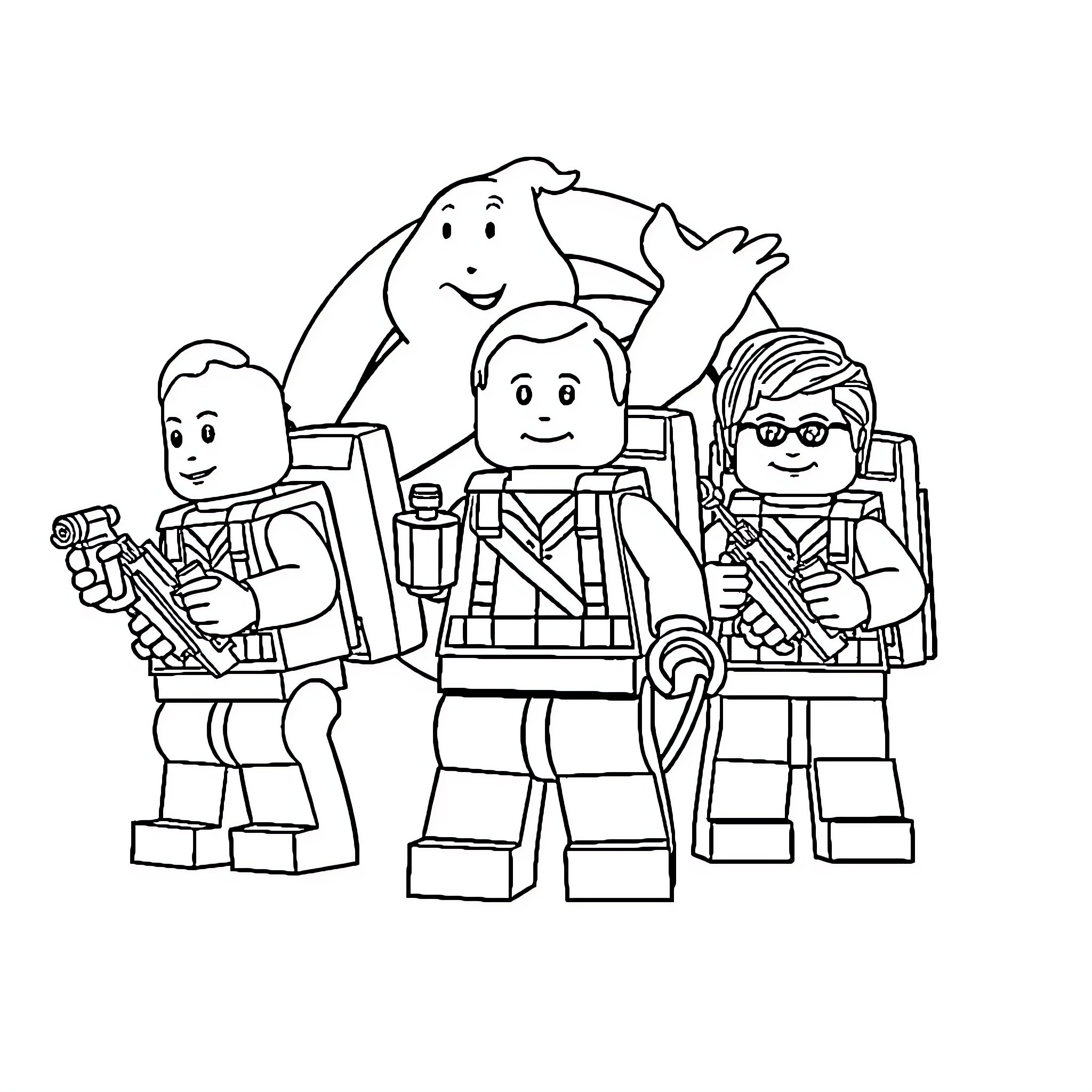 Ghostbusters in action with proton packs Coloring Page (free black-and-white line drawing printable PDF for all, from beginners to advanced learners, including children, teens, adults, and seniors)