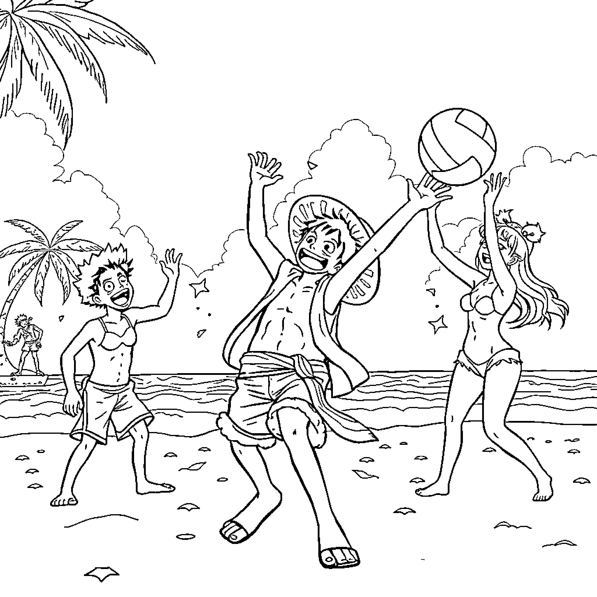 Luffy playing volleyball with friends on the beach Coloring Page (free black-and-white line drawing printable PDF for all, from beginners to advanced learners, including children, teens, adults, and seniors)