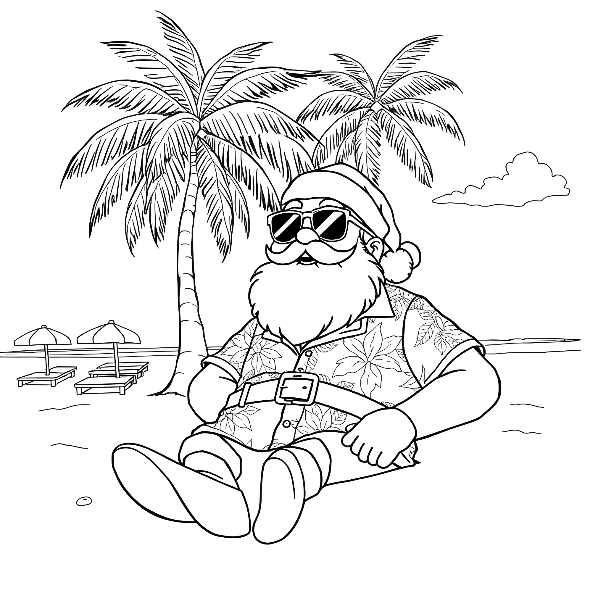 Santa relaxing on a tropical beach Coloring Page (free black-and-white line drawing printable PDF for all, from beginners to advanced learners, including children, teens, adults, and seniors)