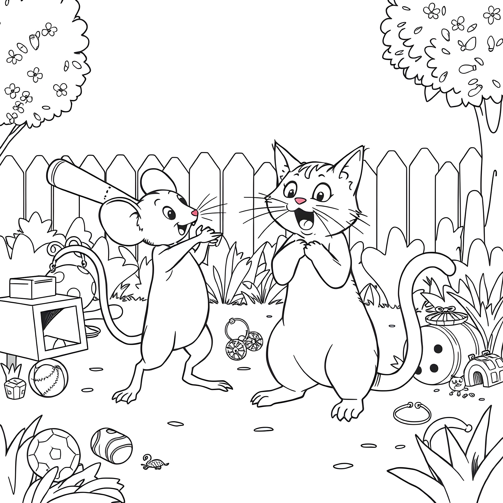 Mouse and cat playing in the garden Coloring Page (free black-and-white line drawing printable PDF for all, from beginners to advanced learners, including children, teens, adults, and seniors)