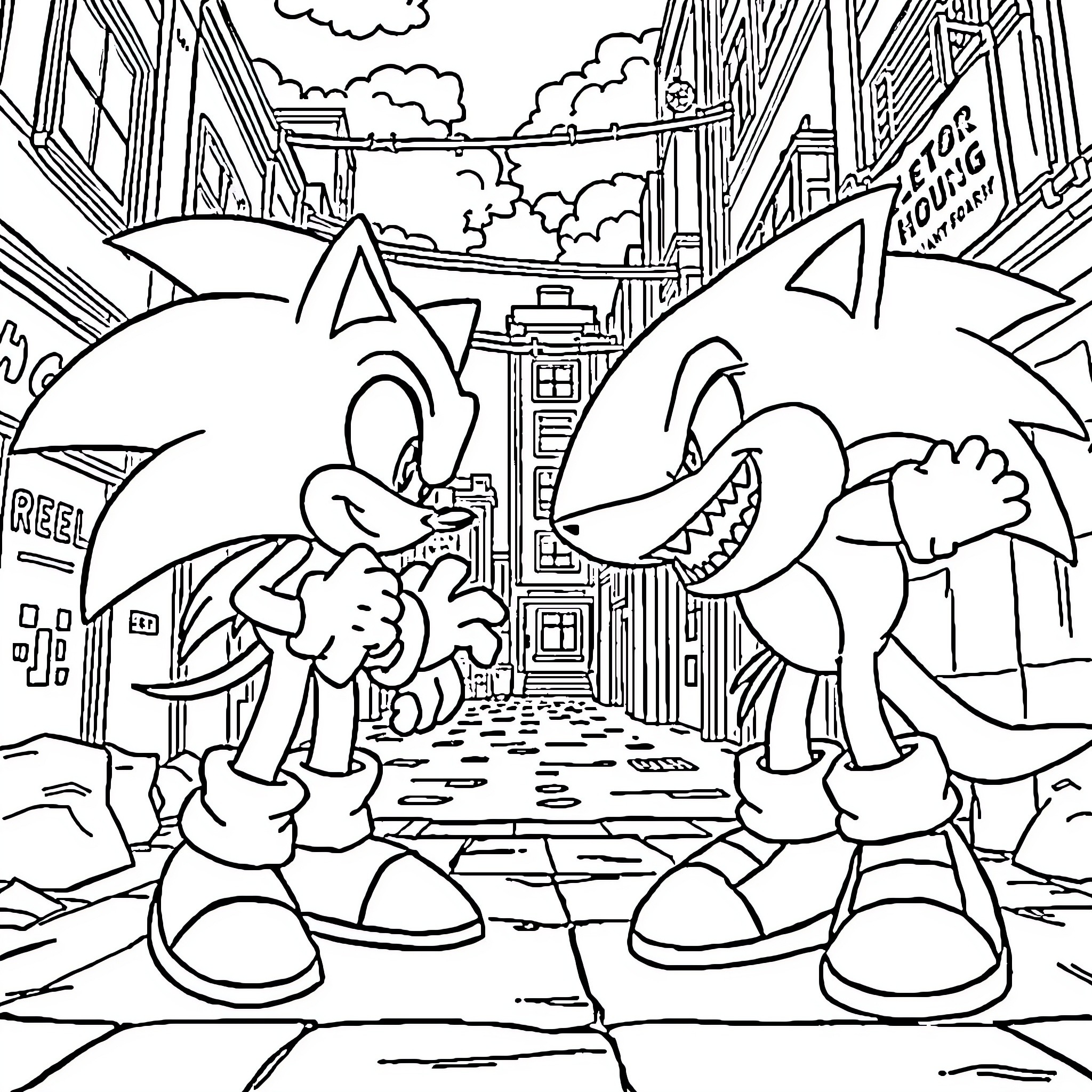 Sonic and Friends Explore the Colorful City Streets Coloring Page (free black-and-white line drawing printable PDF for all, from beginners to advanced learners, including children, teens, adults, and seniors)