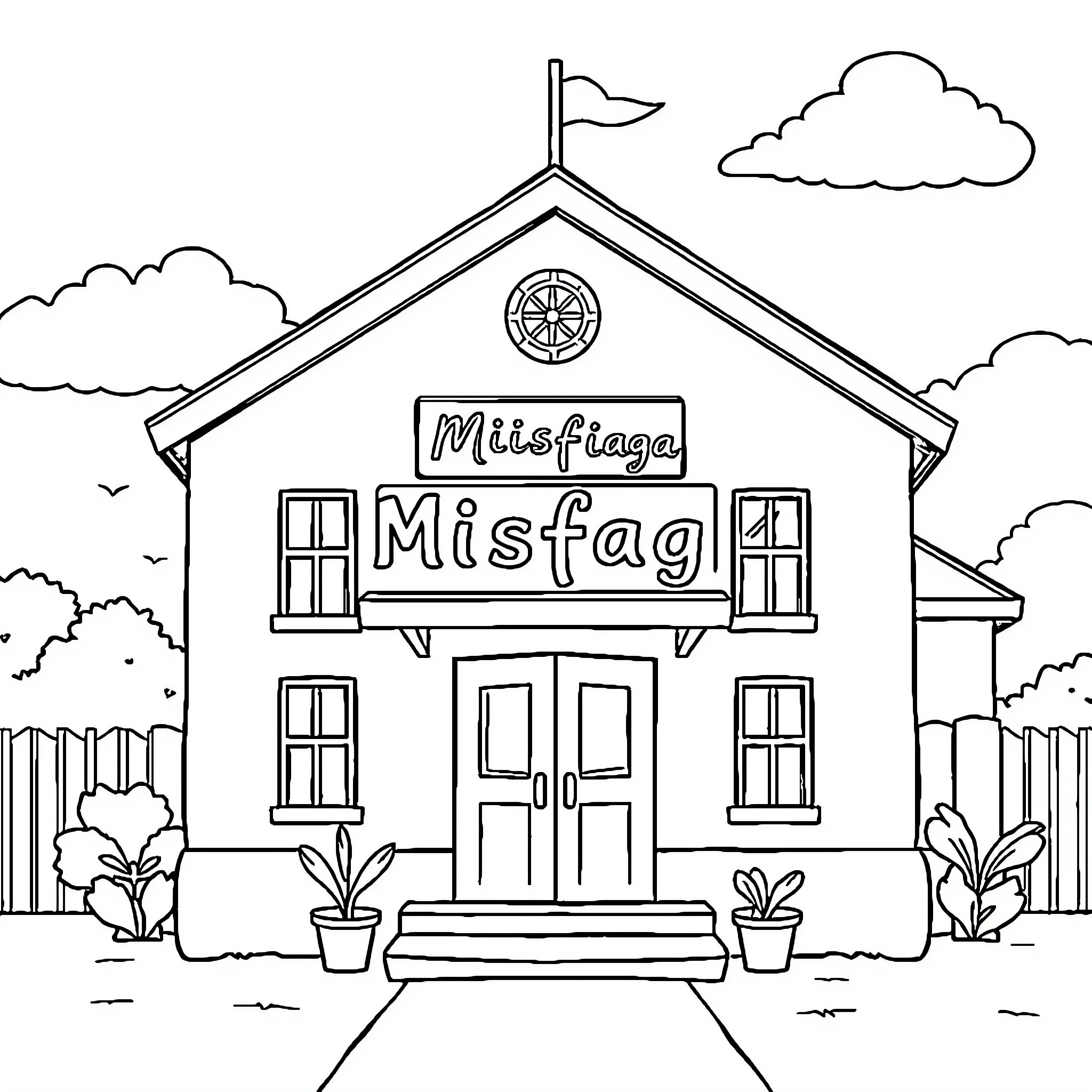 School building with flag and signage Coloring Page (free black-and-white line drawing printable PDF for all, from beginners to advanced learners, including children, teens, adults, and seniors)