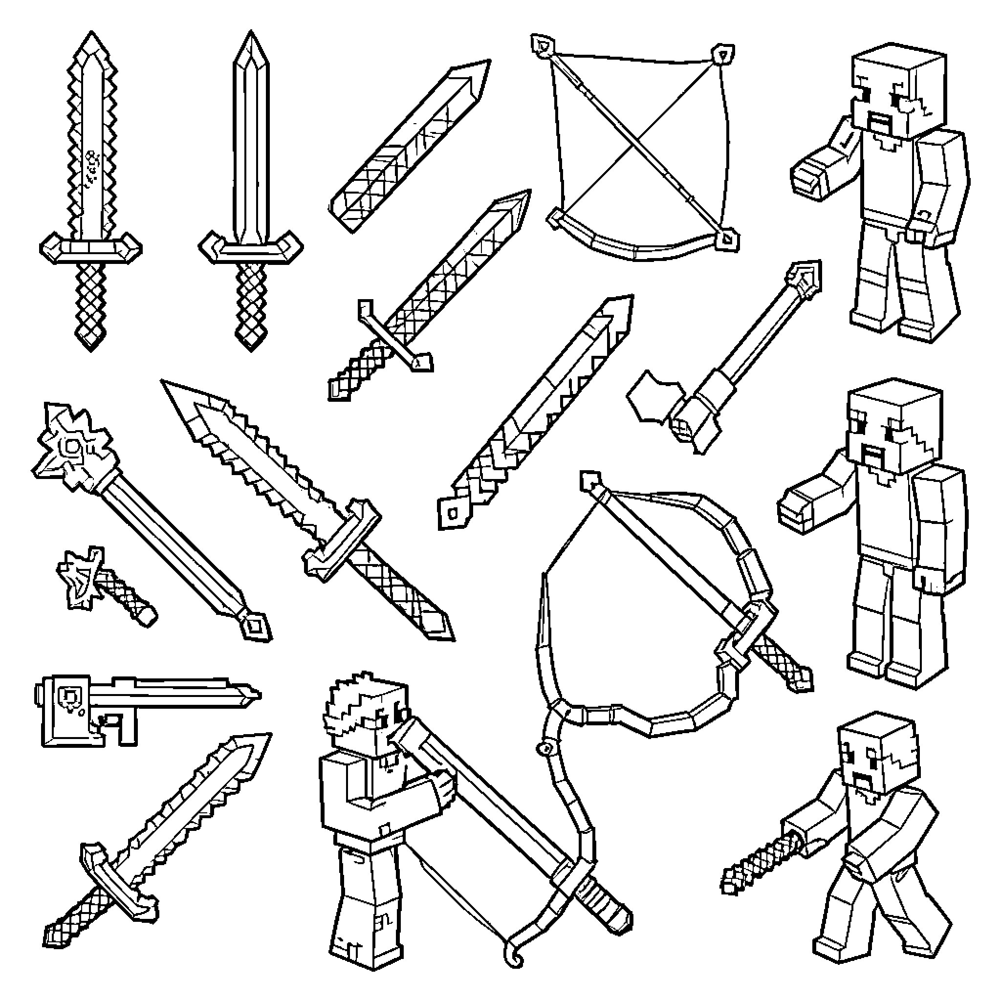 Minecraft Weapon assets with characters in action poses Coloring Page (free black-and-white line drawing printable PDF for all, from beginners to advanced learners, including children, teens, adults, and seniors)