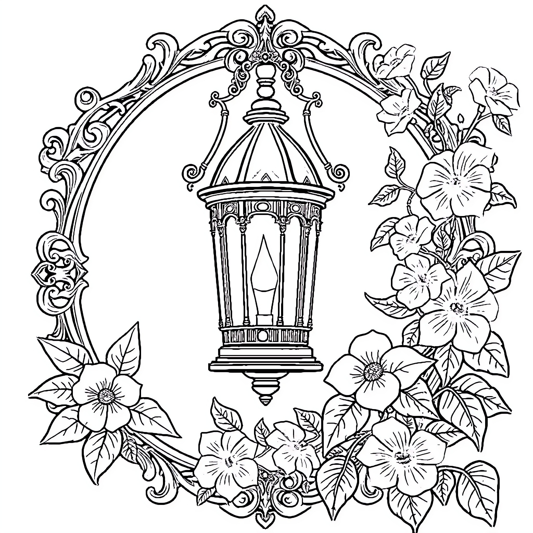 Lantern surrounded by ornate floral frame Coloring Page (free black-and-white line drawing printable PDF for all, from beginners to advanced learners, including children, teens, adults, and seniors)