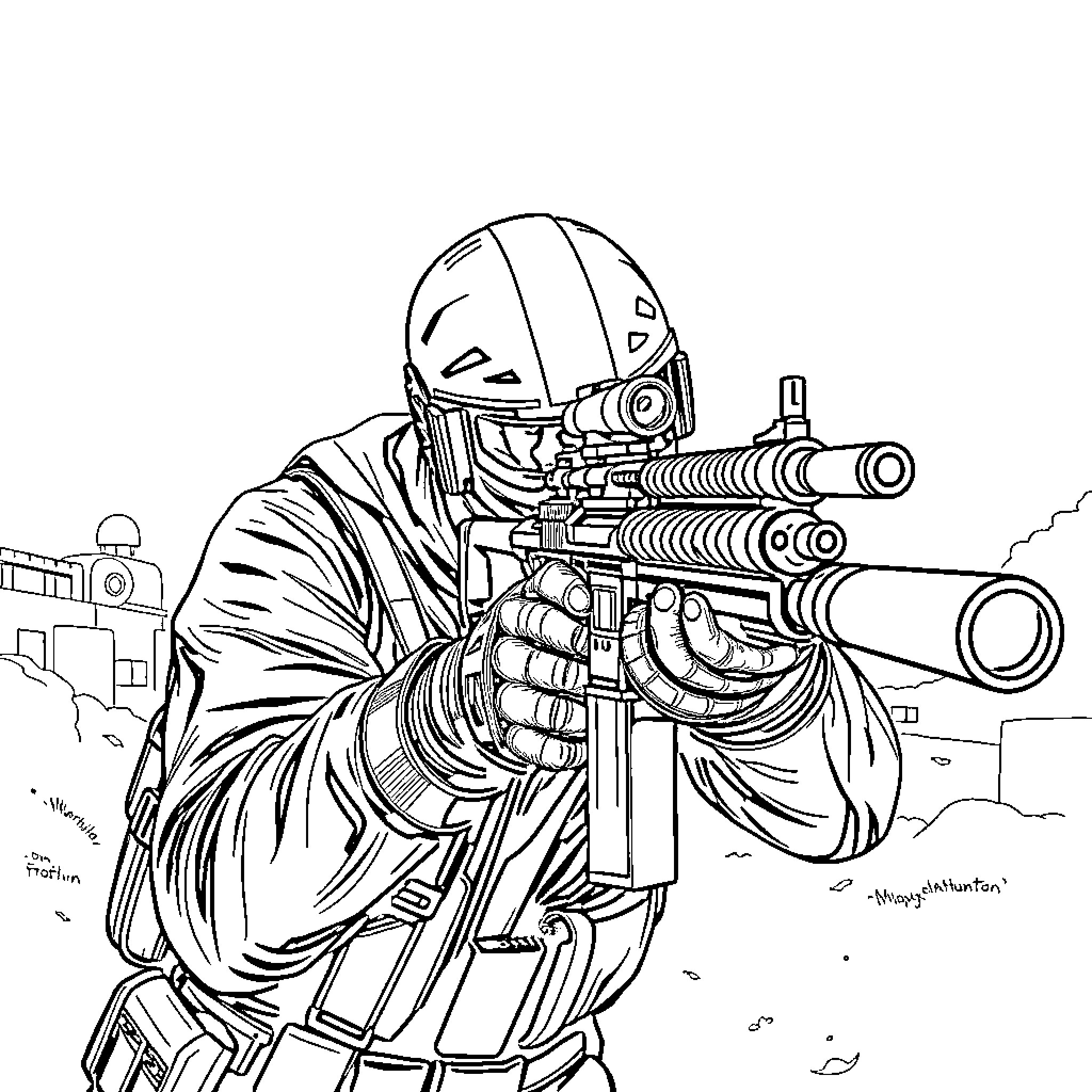 Ghost soldier in combat with assault rifle Coloring Page (free black-and-white line drawing printable PDF for all, from beginners to advanced learners, including children, teens, adults, and seniors)