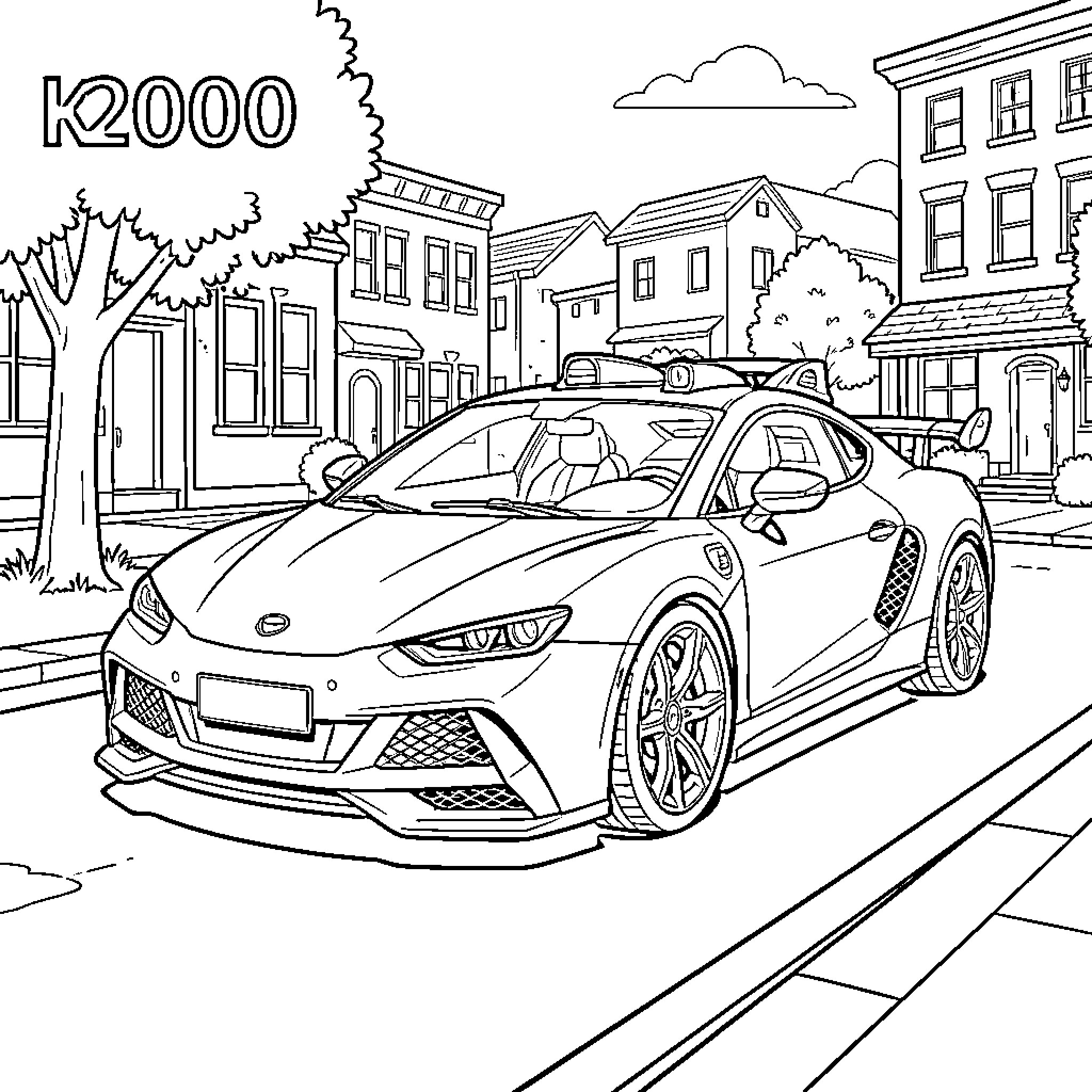 K2000 sports car parked on a residential street Coloring Page (free black-and-white line drawing printable PDF for all, from beginners to advanced learners, including children, teens, adults, and seniors)