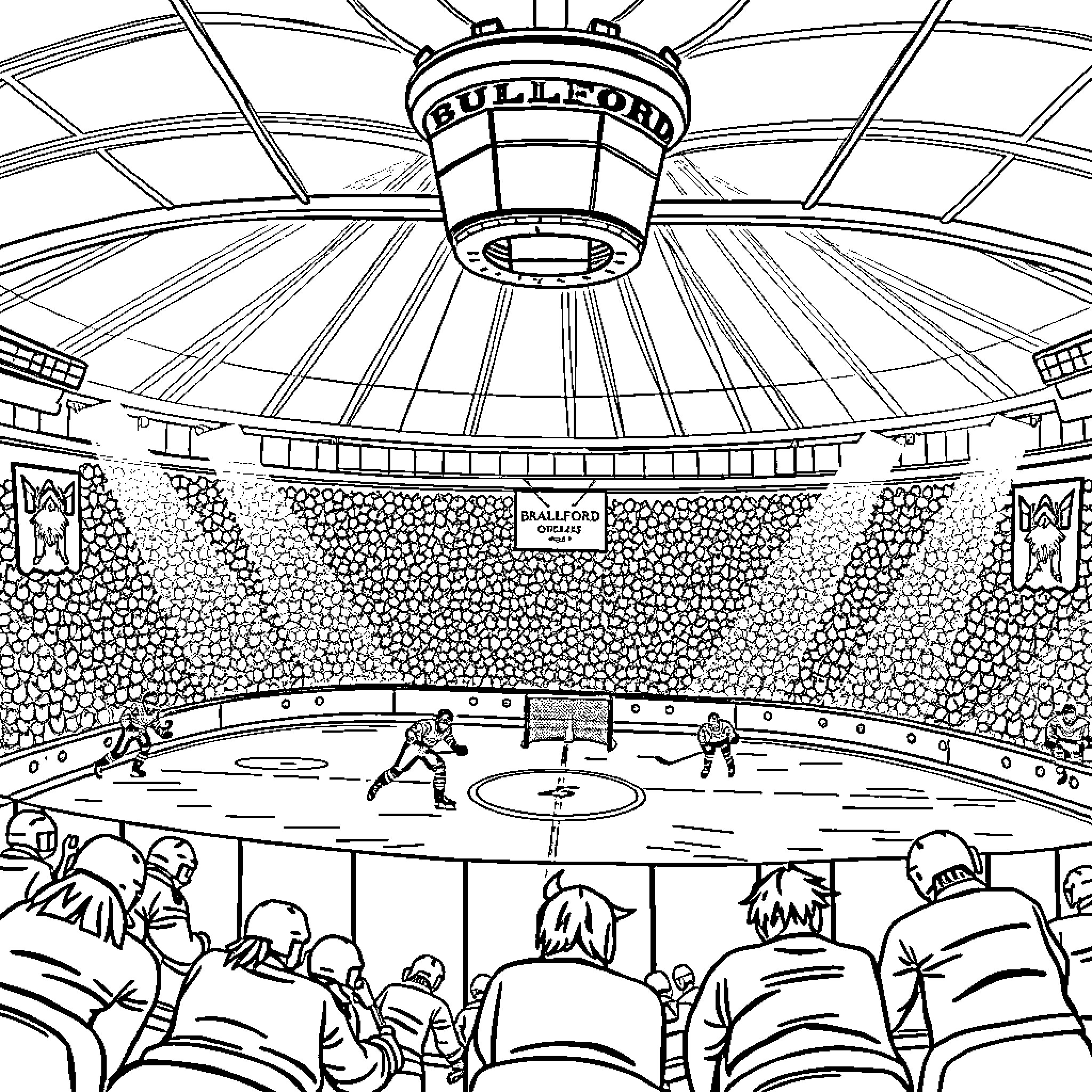 Bulldogs wrestling match in a grand arena Coloring Page (free black-and-white line drawing printable PDF for all, from beginners to advanced learners, including children, teens, adults, and seniors)