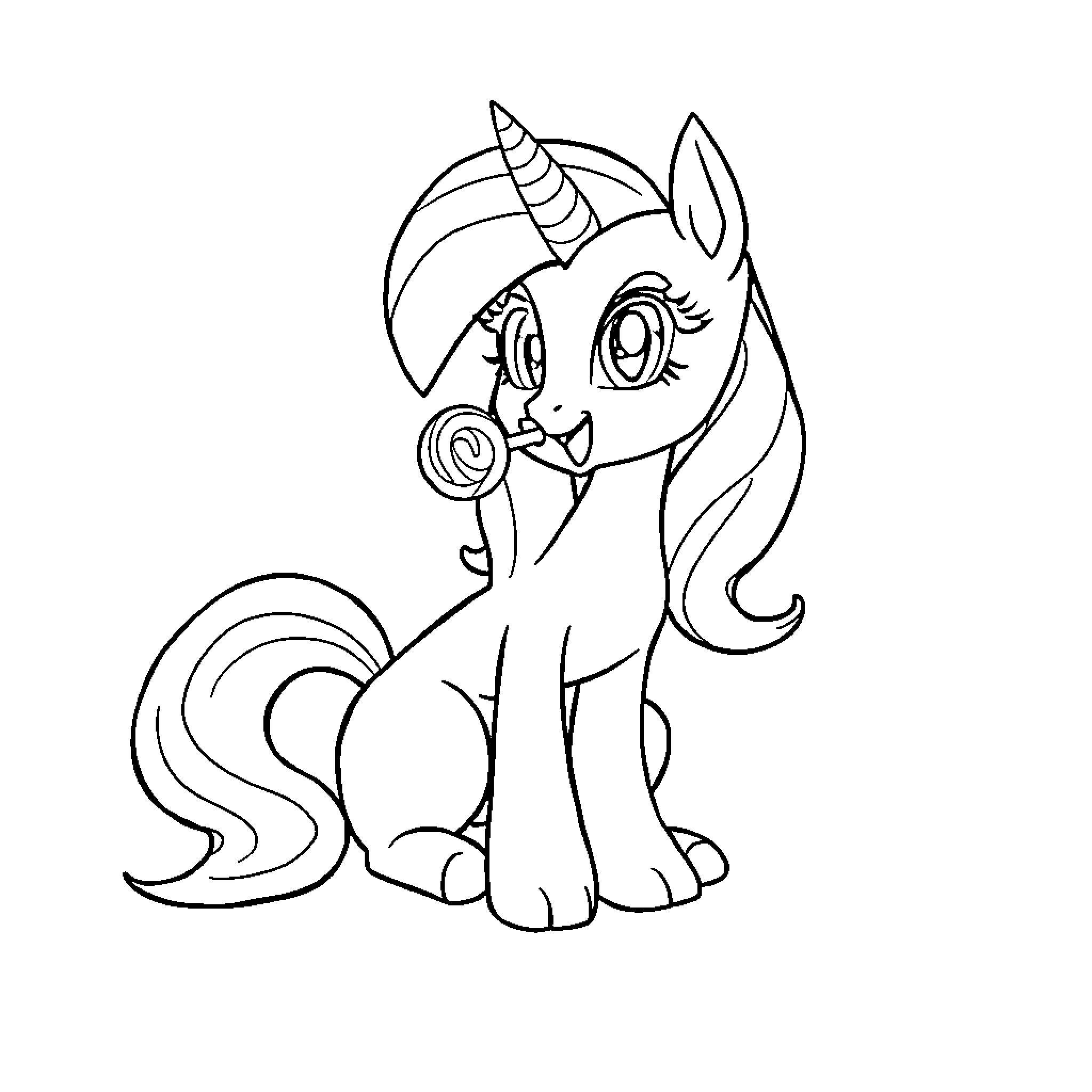 Blackfire unicorn pony with playful expression Coloring Page (free black-and-white line drawing printable PDF for all, from beginners to advanced learners, including children, teens, adults, and seniors)