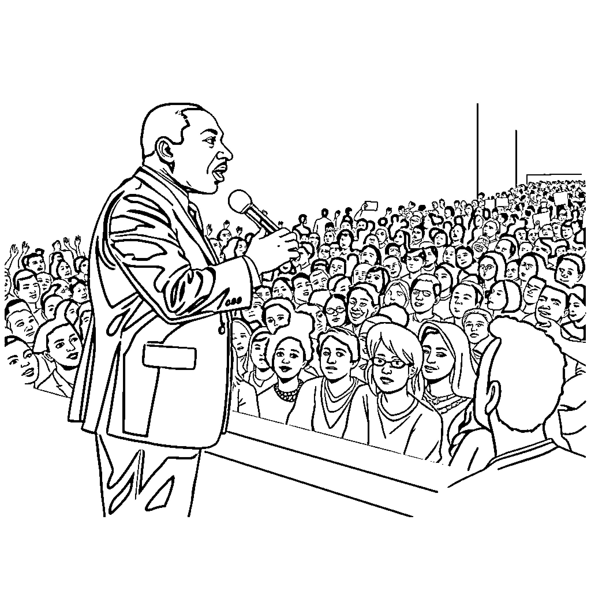 Martin Luther King Addressing a Large Crowd Coloring Page (free black-and-white line drawing printable PDF for all, from beginners to advanced learners, including children, teens, adults, and seniors)