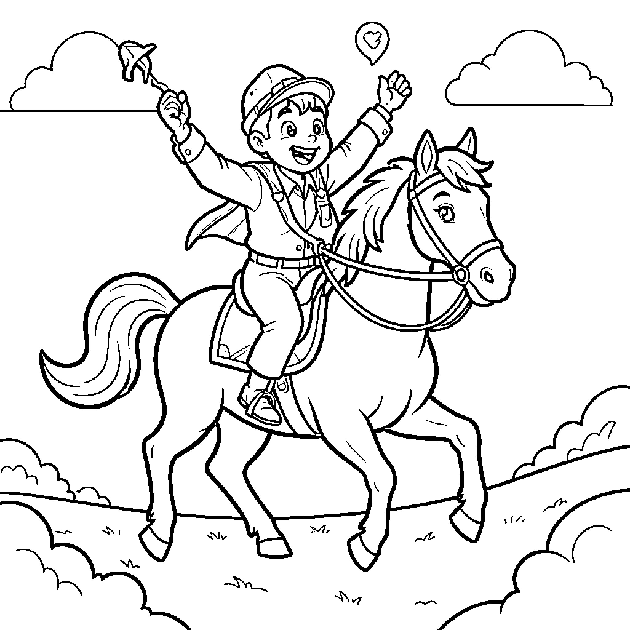 Lucky Luck boy riding a horse and holding a mushroom Coloring Page (free black-and-white line drawing printable PDF for all, from beginners to advanced learners, including children, teens, adults, and seniors)