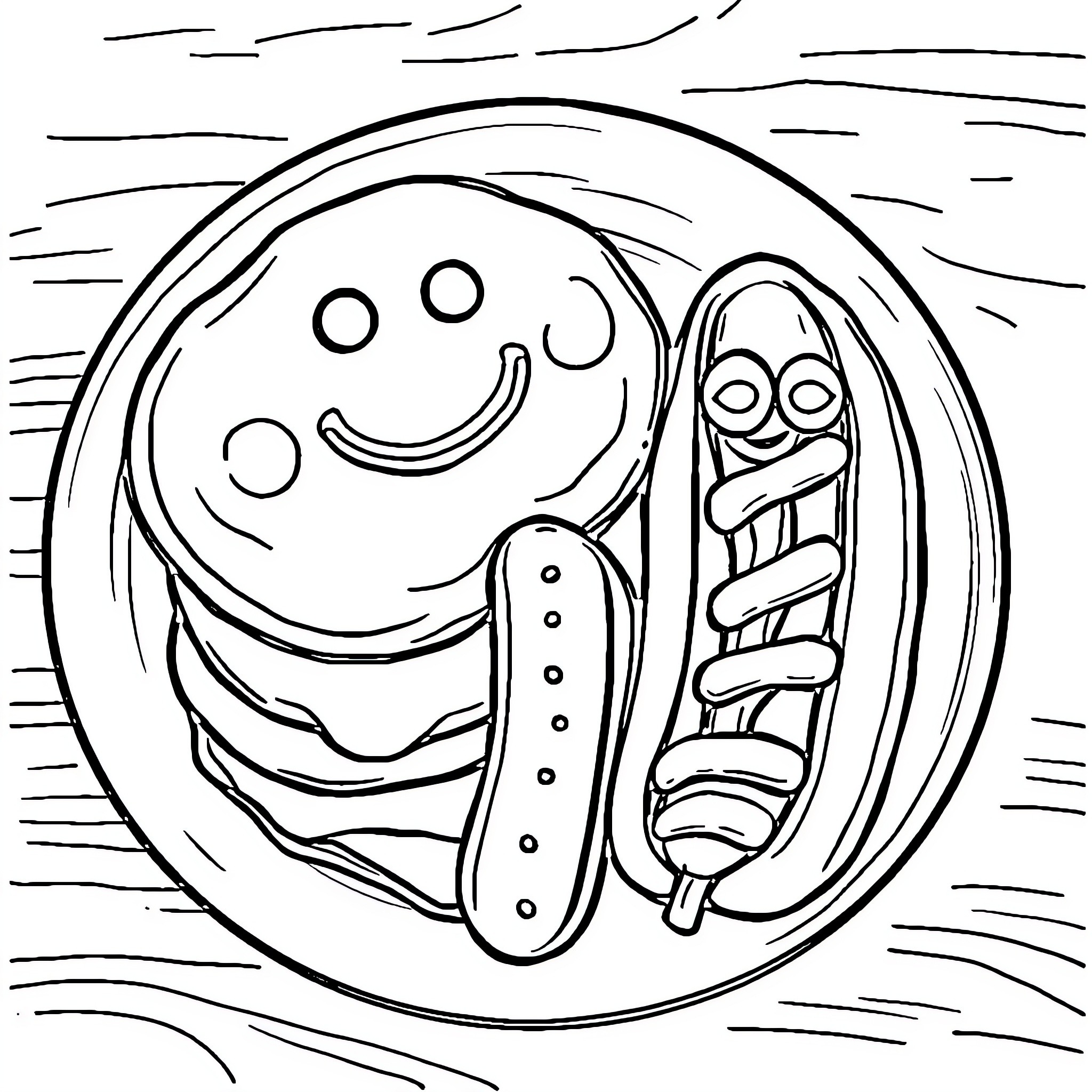 Food with playful expressions and cartoon elements Coloring Page (free black-and-white line drawing printable PDF for all, from beginners to advanced learners, including children, teens, adults, and seniors)