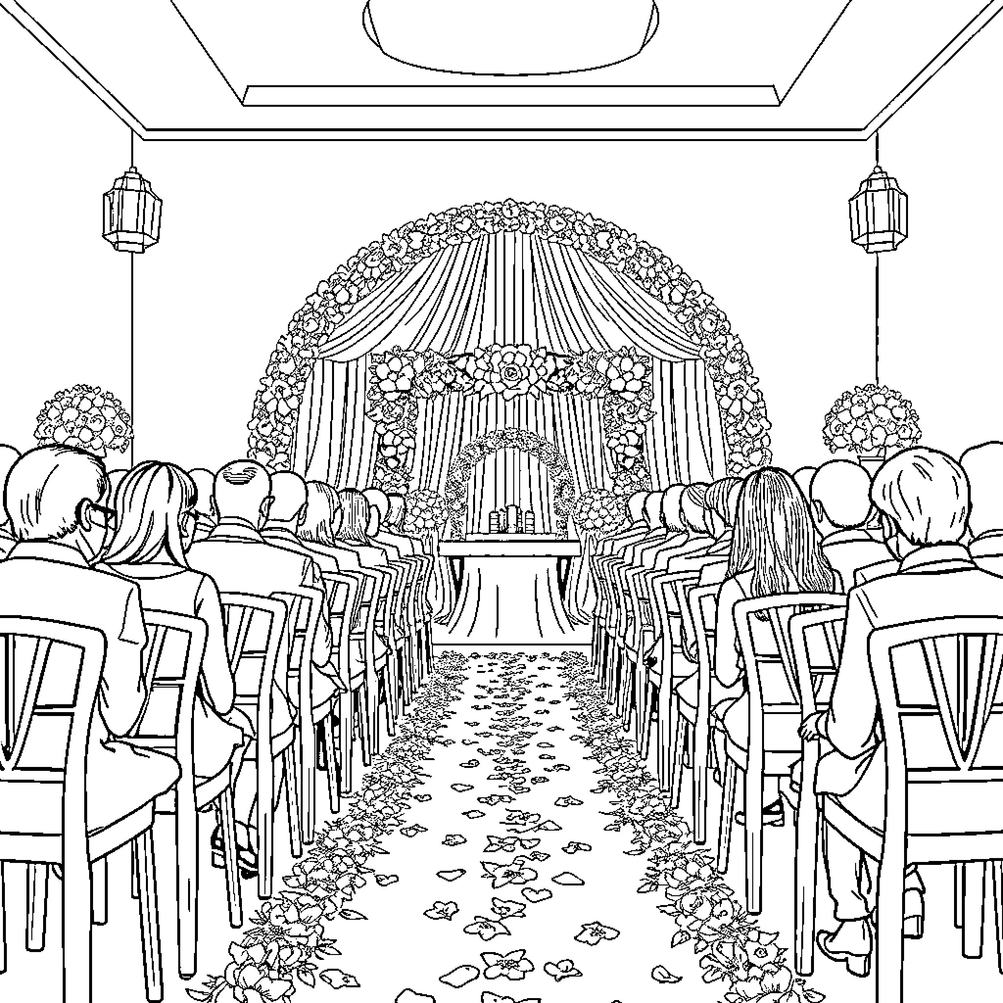 Wedding ceremony in elaborate floral archway Coloring Page (free black-and-white line drawing printable PDF for all, from beginners to advanced learners, including children, teens, adults, and seniors)