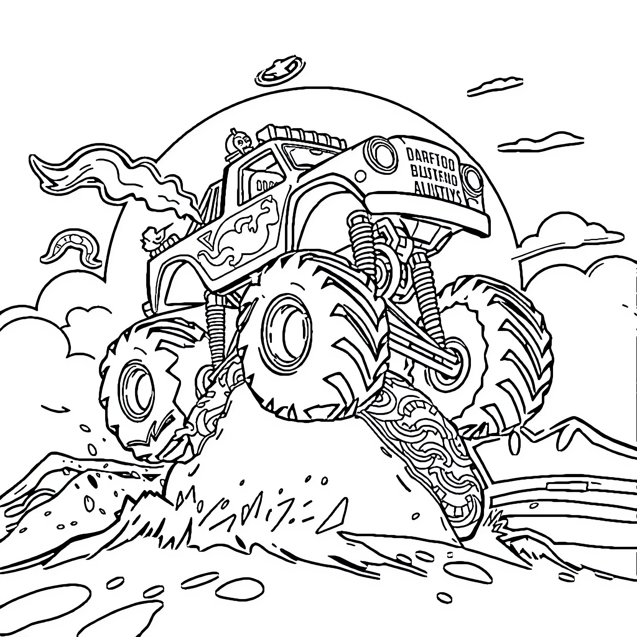 Toro monster truck conquering rugged terrain Coloring Page (free black-and-white line drawing printable PDF for all, from beginners to advanced learners, including children, teens, adults, and seniors)