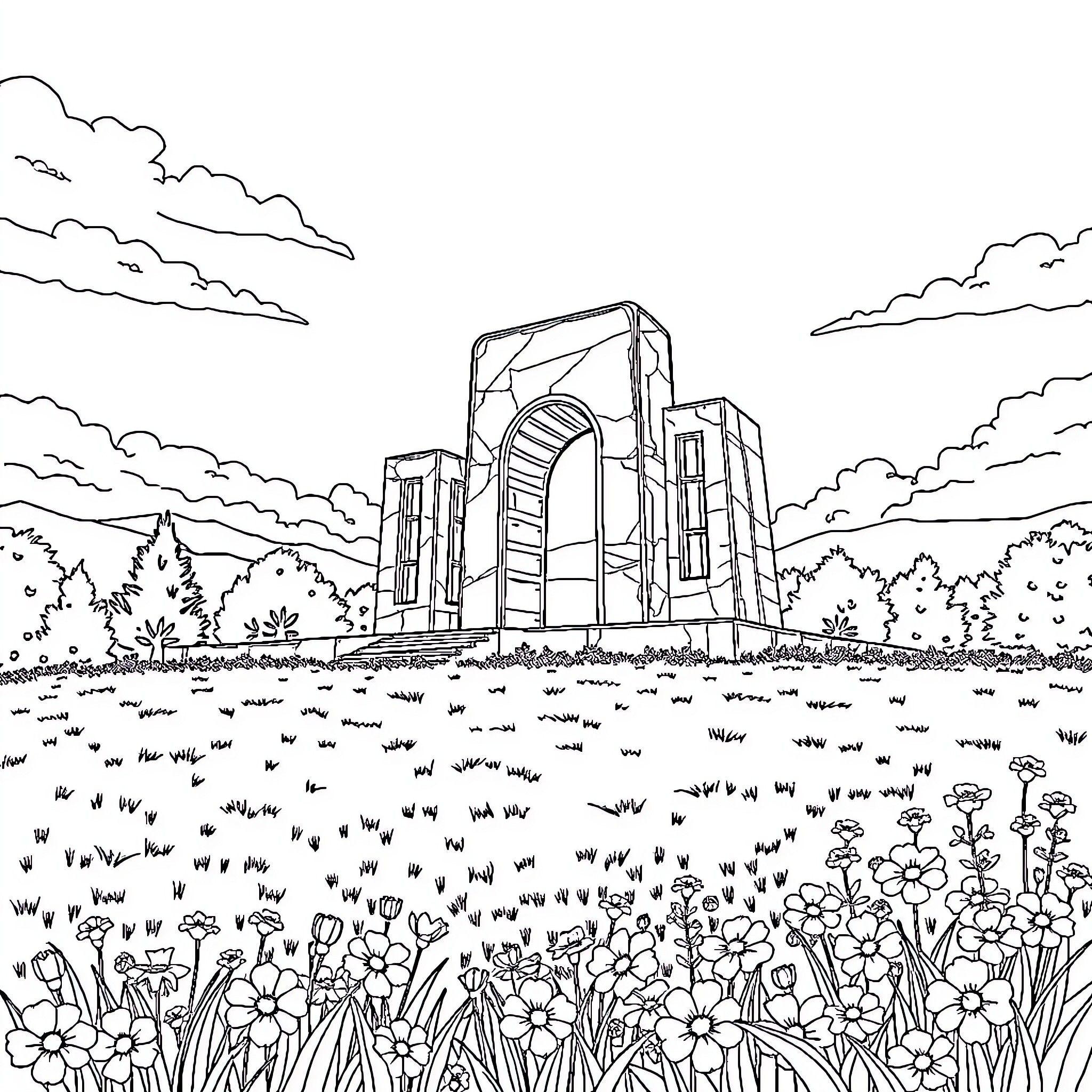 Sardarabad Memorial with architectural structures and floral landscape Coloring Page (free black-and-white line drawing printable PDF for all, from beginners to advanced learners, including children, teens, adults, and seniors)