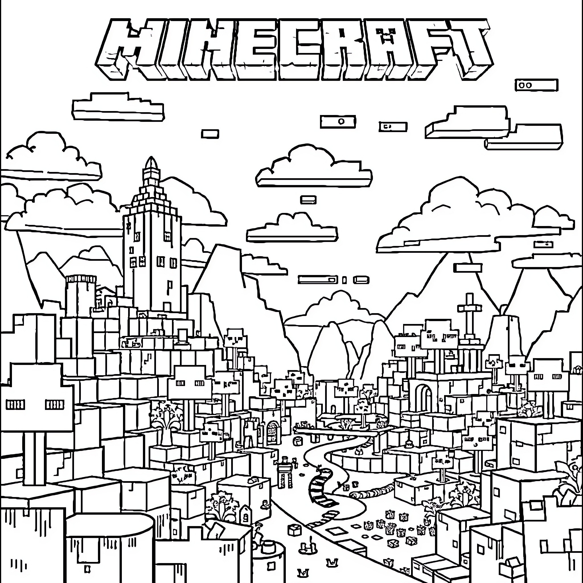 Minecraft - Blocky city landscape with clouds and mountains Coloring Page (free black-and-white line drawing printable PDF for all, from beginners to advanced learners, including children, teens, adults, and seniors)