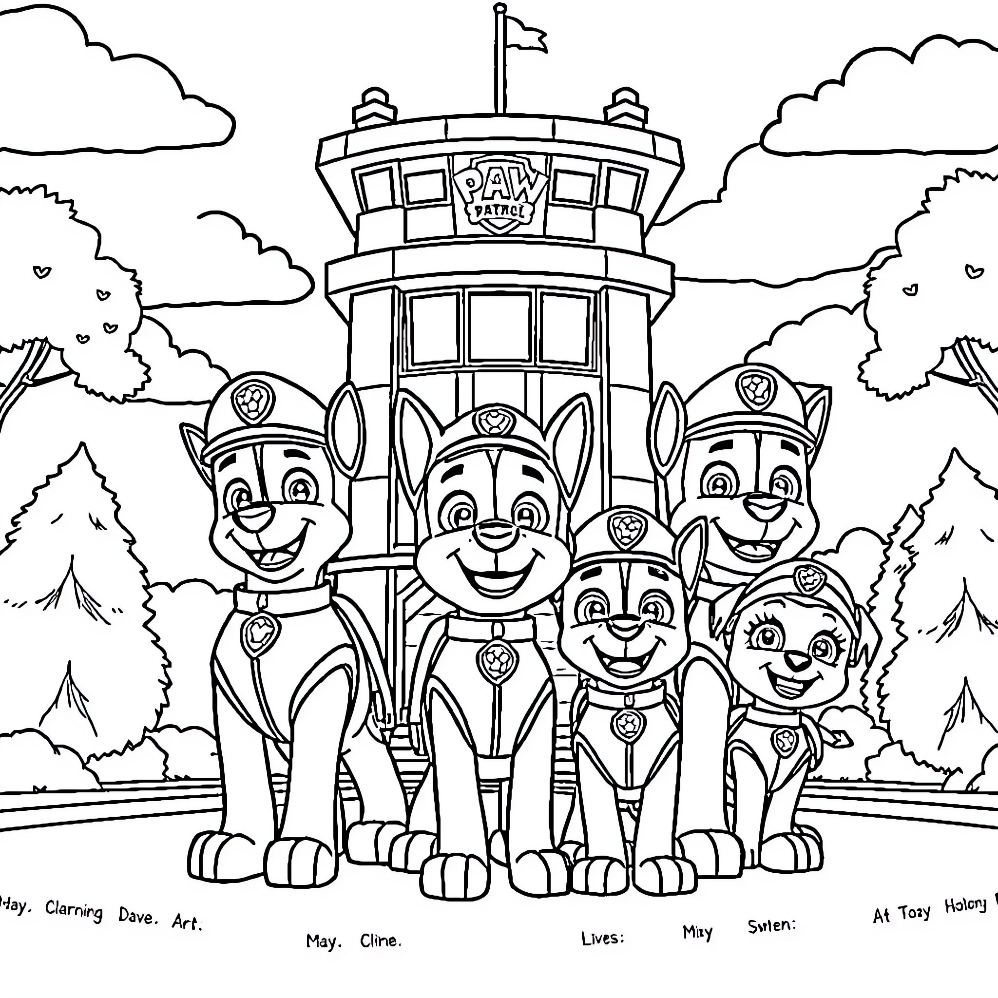 Paw Patrol characters in their uniforms and gear Coloring Page (free black-and-white line drawing printable PDF for all, from beginners to advanced learners, including children, teens, adults, and seniors)
