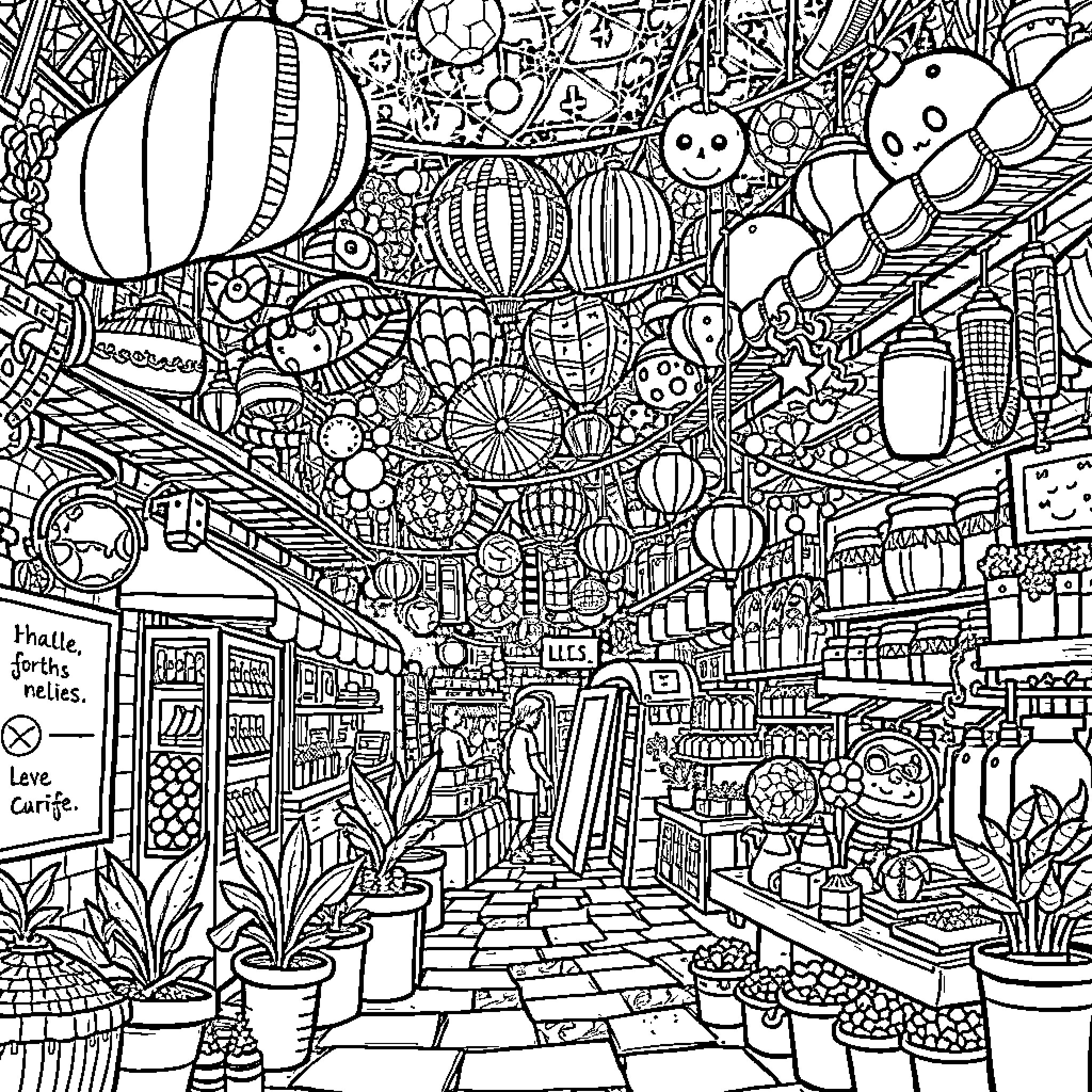All Kinds of Whimsical Objects in a Vibrant Market Scene Coloring Page (free black-and-white line drawing printable PDF for all, from beginners to advanced learners, including children, teens, adults, and seniors)