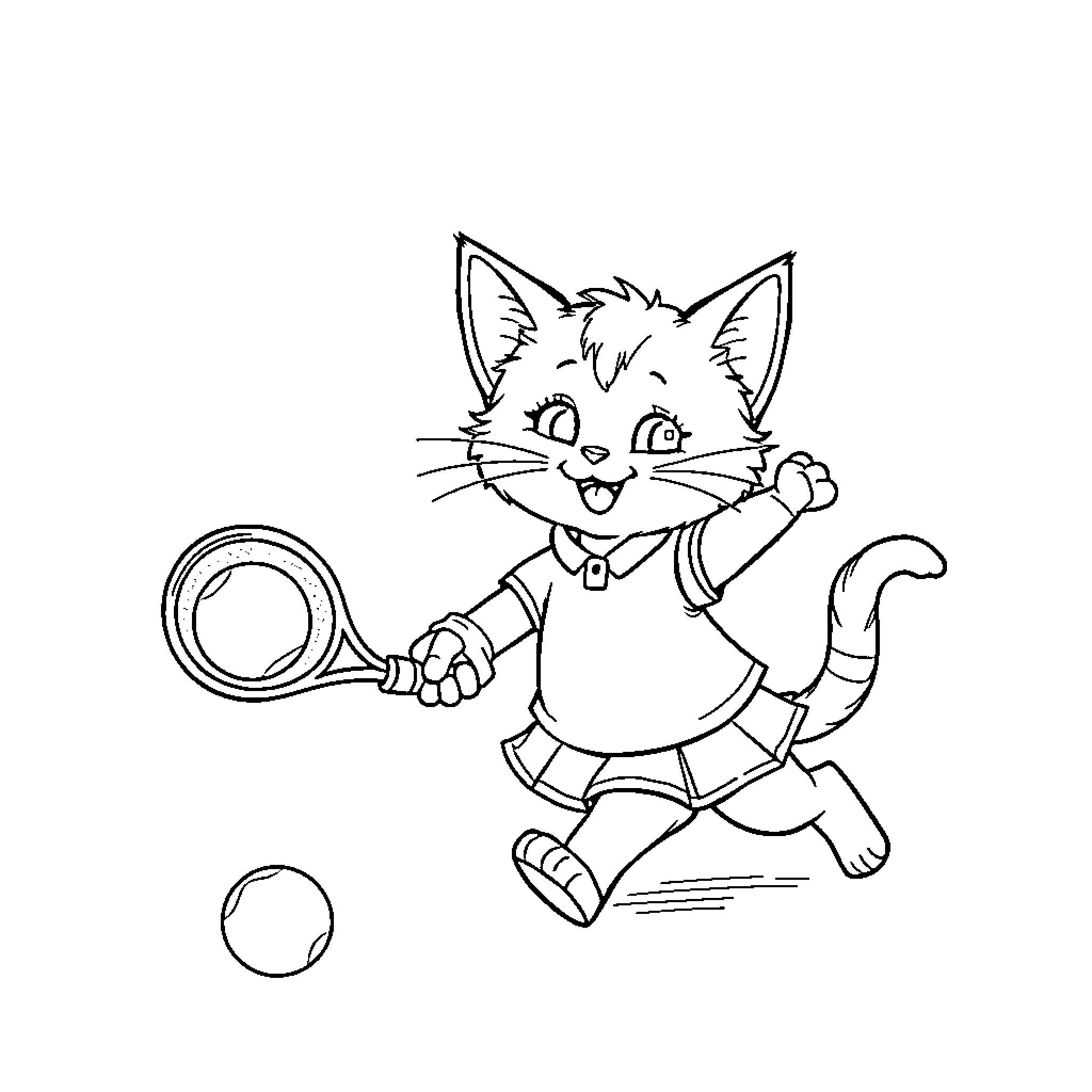 Cat playing with tennis racket Coloring Page (free black-and-white line drawing printable PDF for all, from beginners to advanced learners, including children, teens, adults, and seniors)