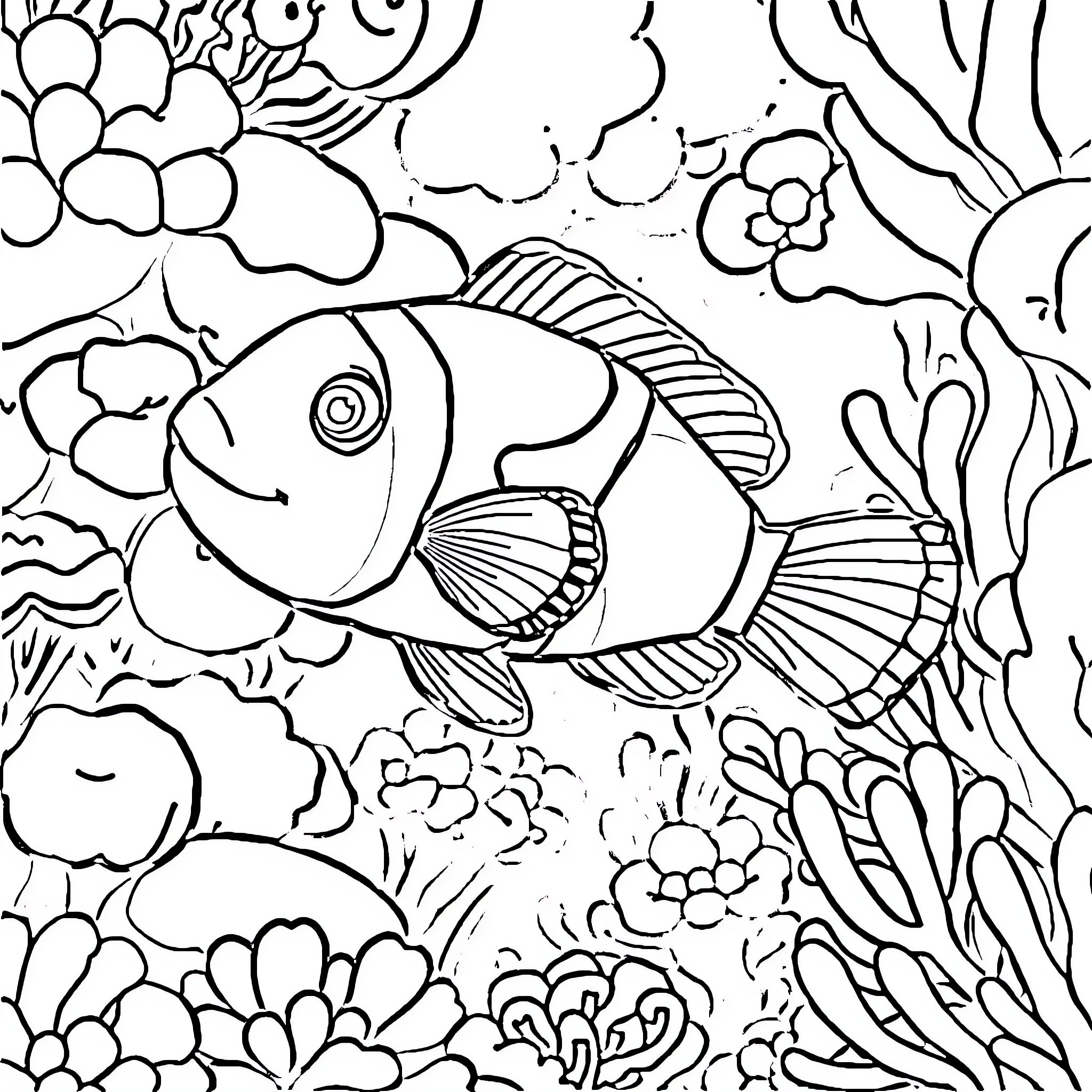 Nemo swimming among vibrant underwater plants Coloring Page (free black-and-white line drawing printable PDF for all, from beginners to advanced learners, including children, teens, adults, and seniors)