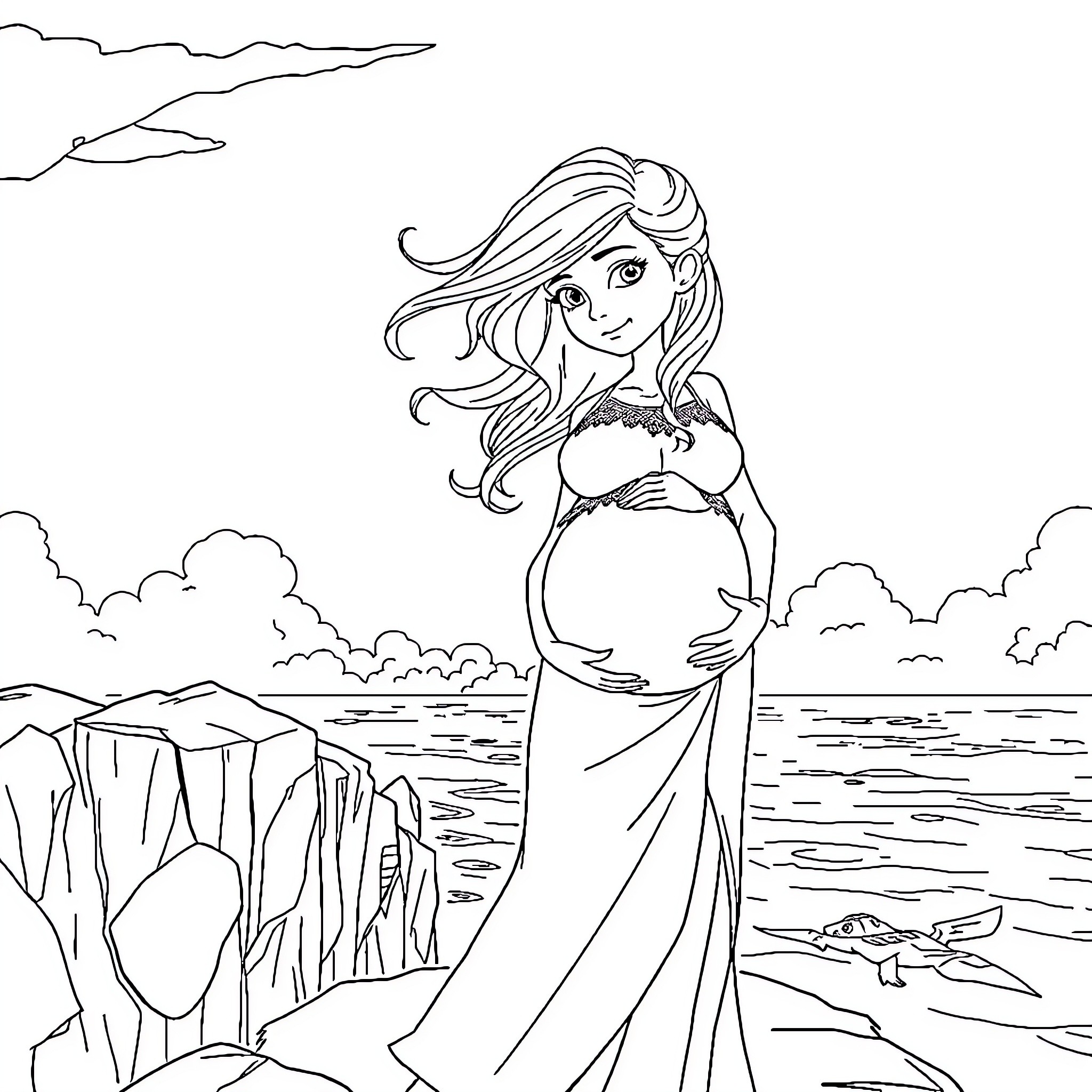 Astrid's Seaside Serenity: A Pregnant Embrace Coloring Page (free black-and-white line drawing printable PDF for all, from beginners to advanced learners, including children, teens, adults, and seniors)