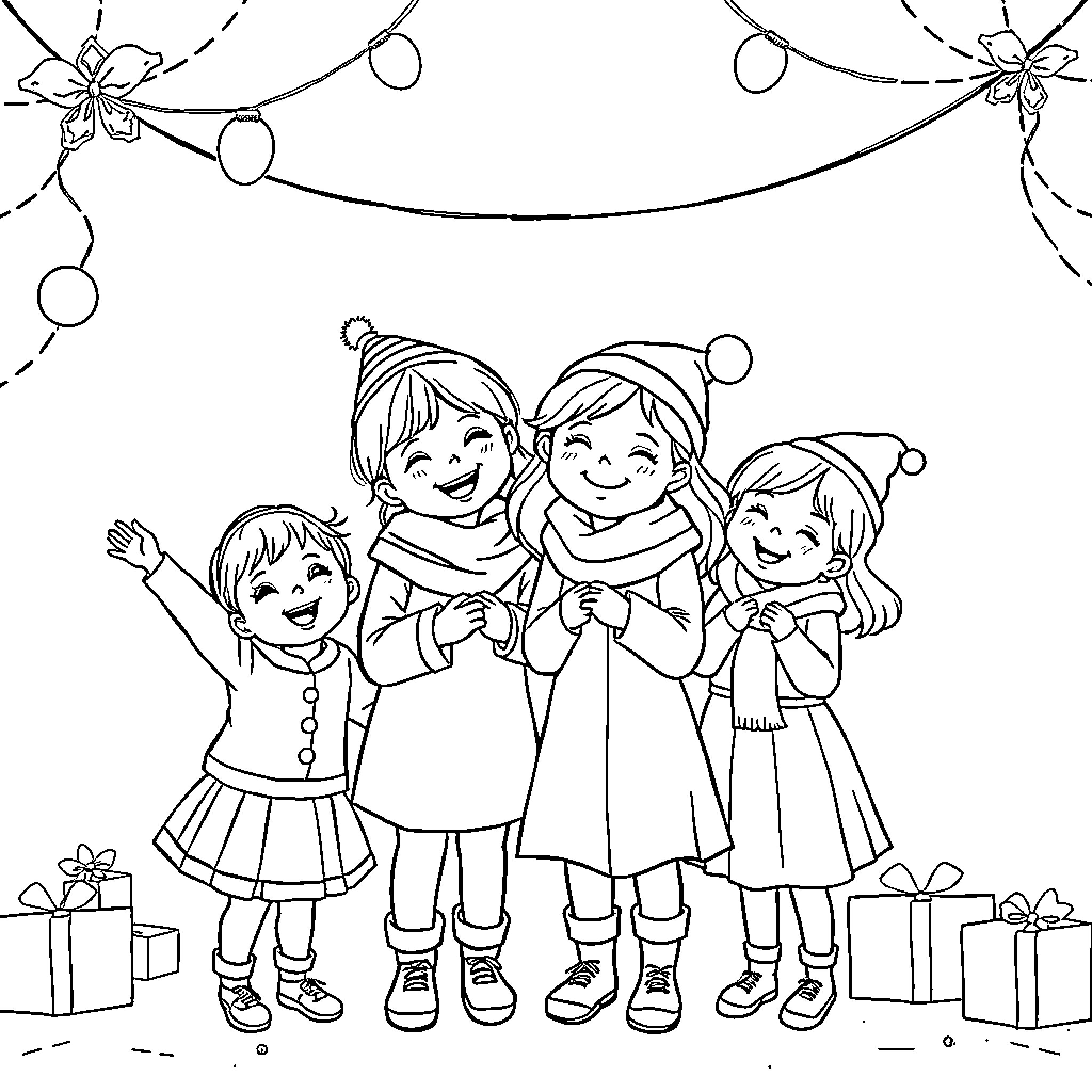 Sisters celebrating the holidays together Coloring Page (free black-and-white line drawing printable PDF for all, from beginners to advanced learners, including children, teens, adults, and seniors)