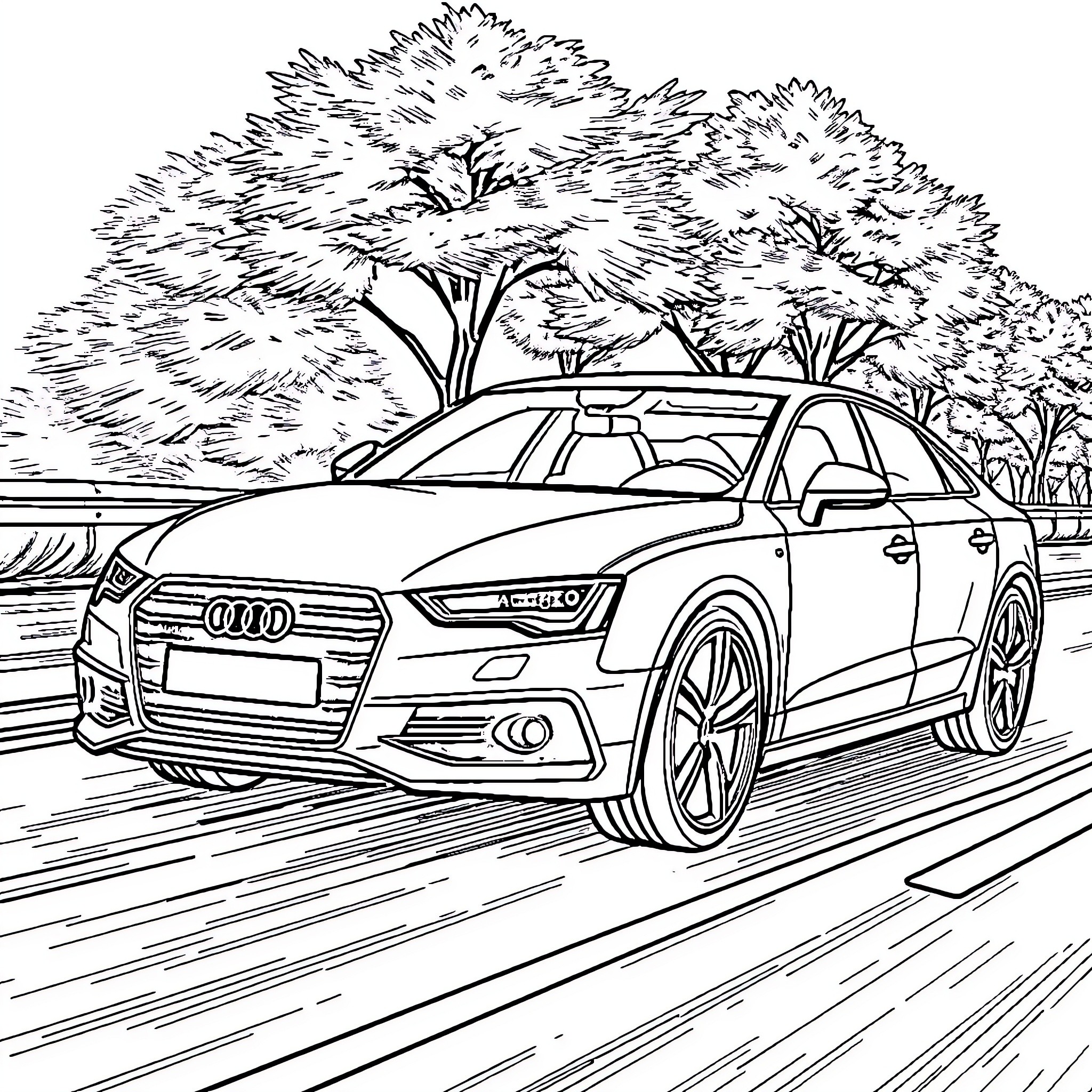 Audi vehicle speeding through scenic landscape Coloring Page (free black-and-white line drawing printable PDF for all, from beginners to advanced learners, including children, teens, adults, and seniors)