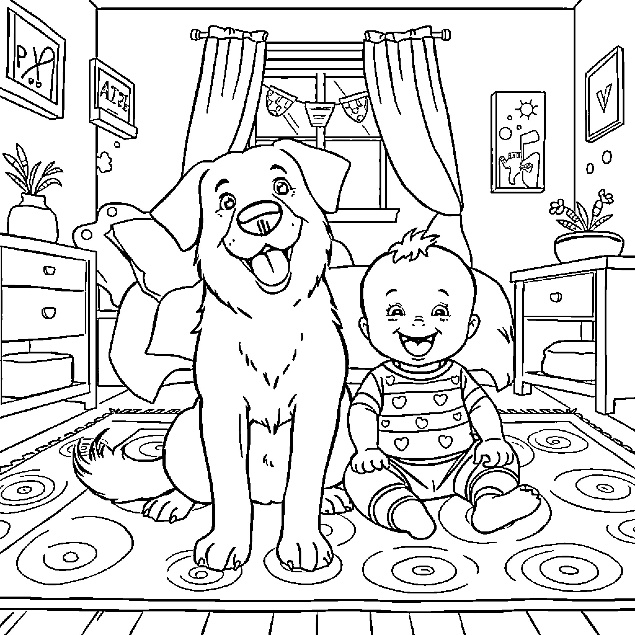 Dog and child playing happily in the room Coloring Page (free black-and-white line drawing printable PDF for all, from beginners to advanced learners, including children, teens, adults, and seniors)