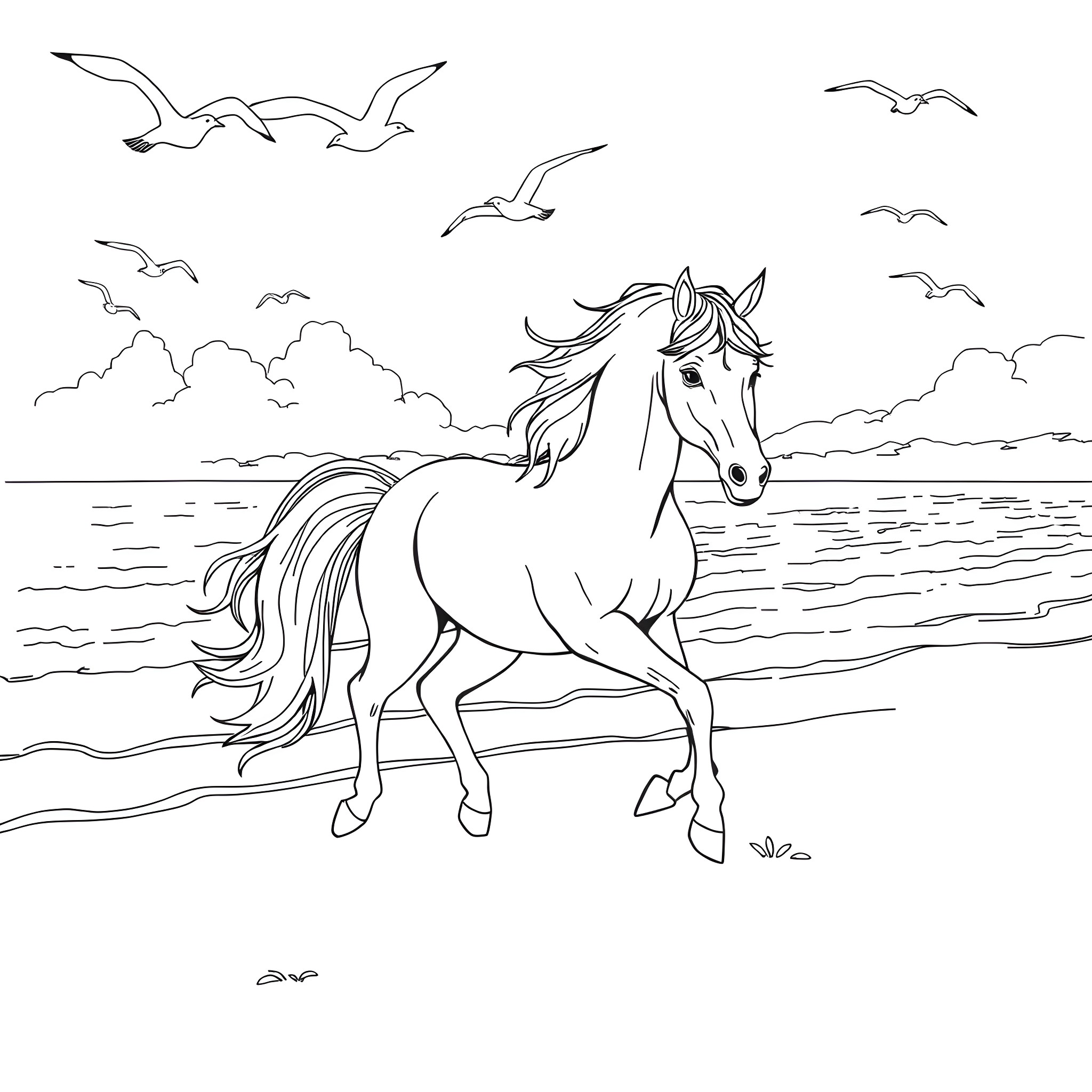 Unicorn by the Seashore with Seagulls Coloring Page (free black-and-white line drawing printable PDF for all, from beginners to advanced learners, including children, teens, adults, and seniors)