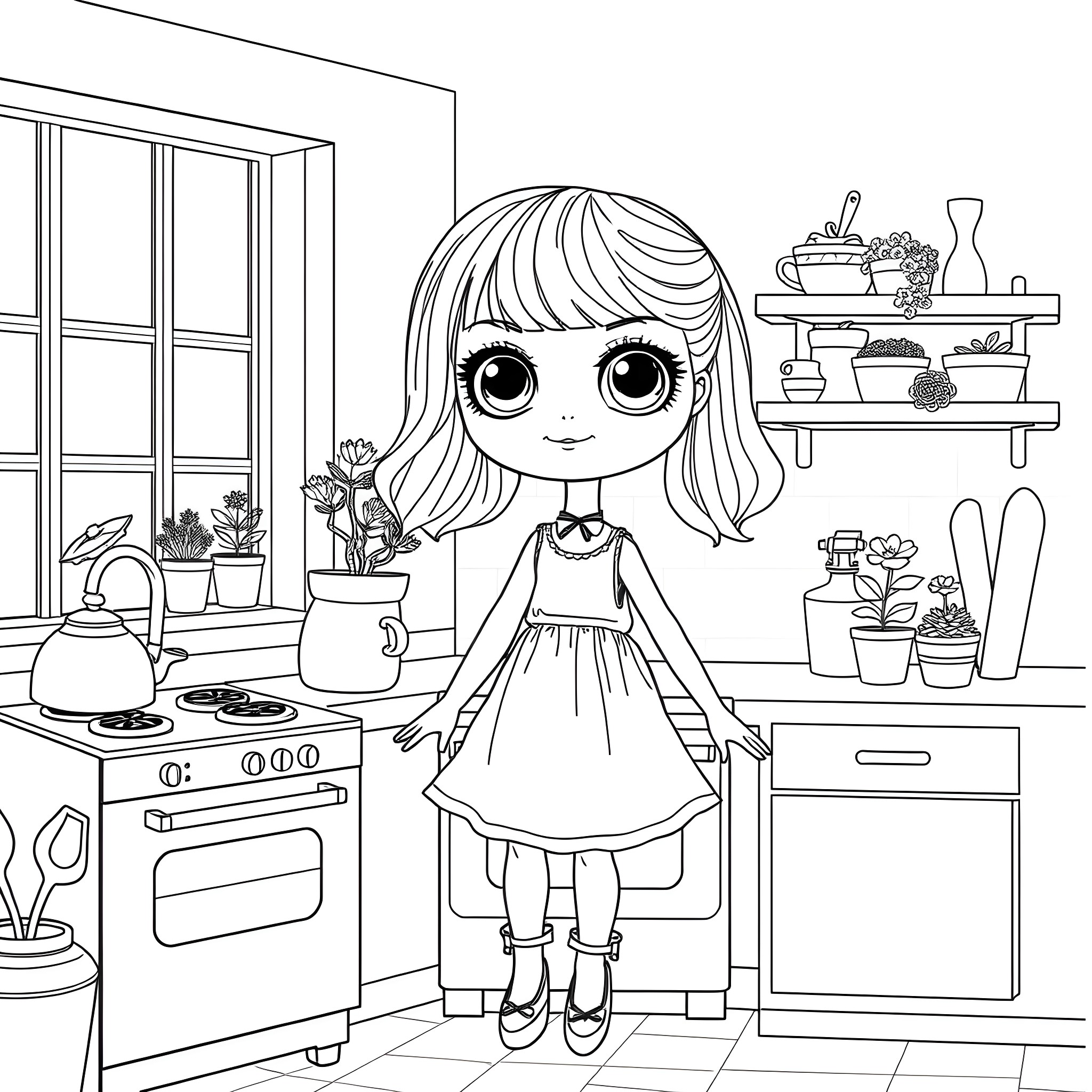 Doll standing in a cozy kitchen Coloring Page (free black-and-white line drawing printable PDF for all, from beginners to advanced learners, including children, teens, adults, and seniors)