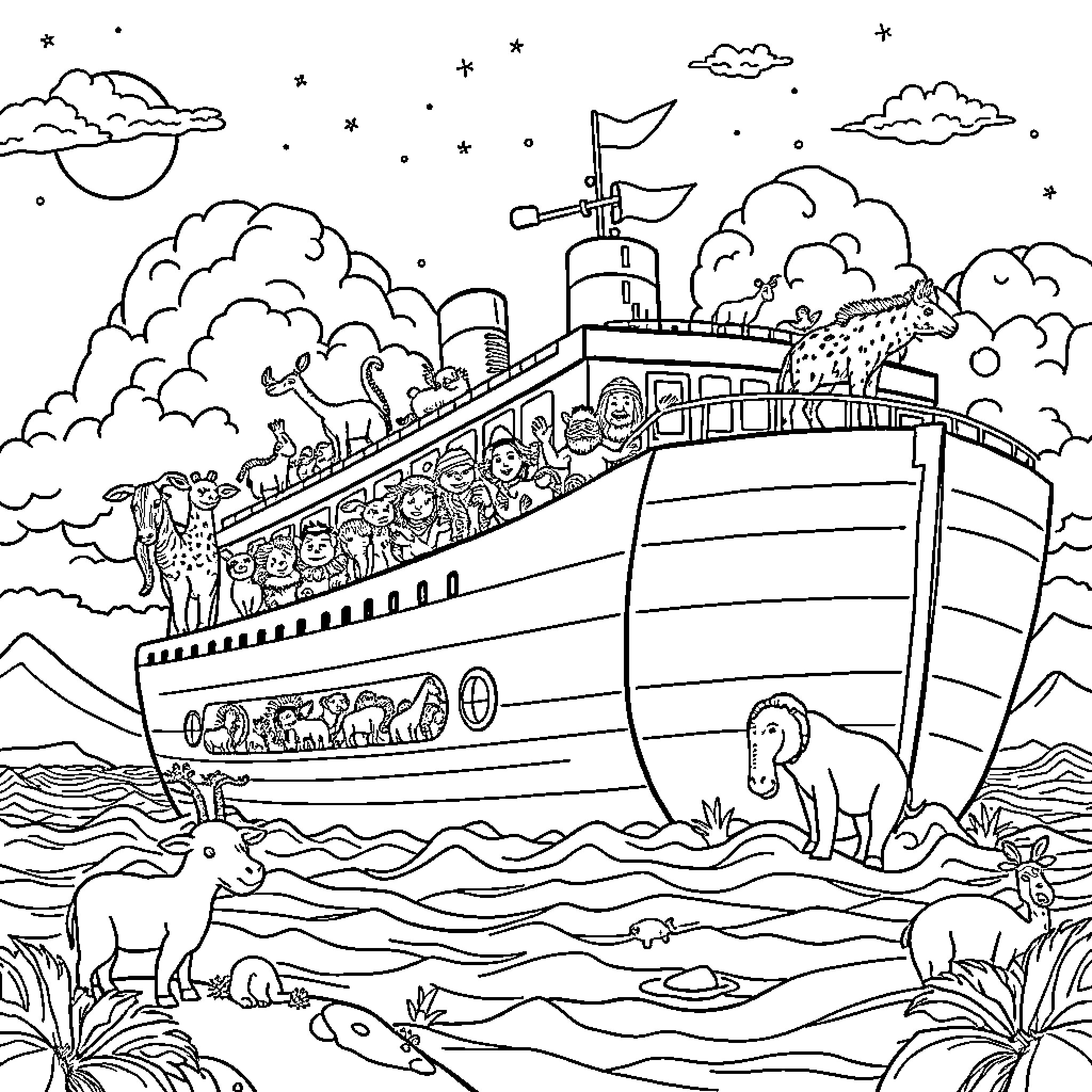 Animal Cruise Ship Sailing with Wildlife Coloring Page (free black-and-white line drawing printable PDF for all, from beginners to advanced learners, including children, teens, adults, and seniors)