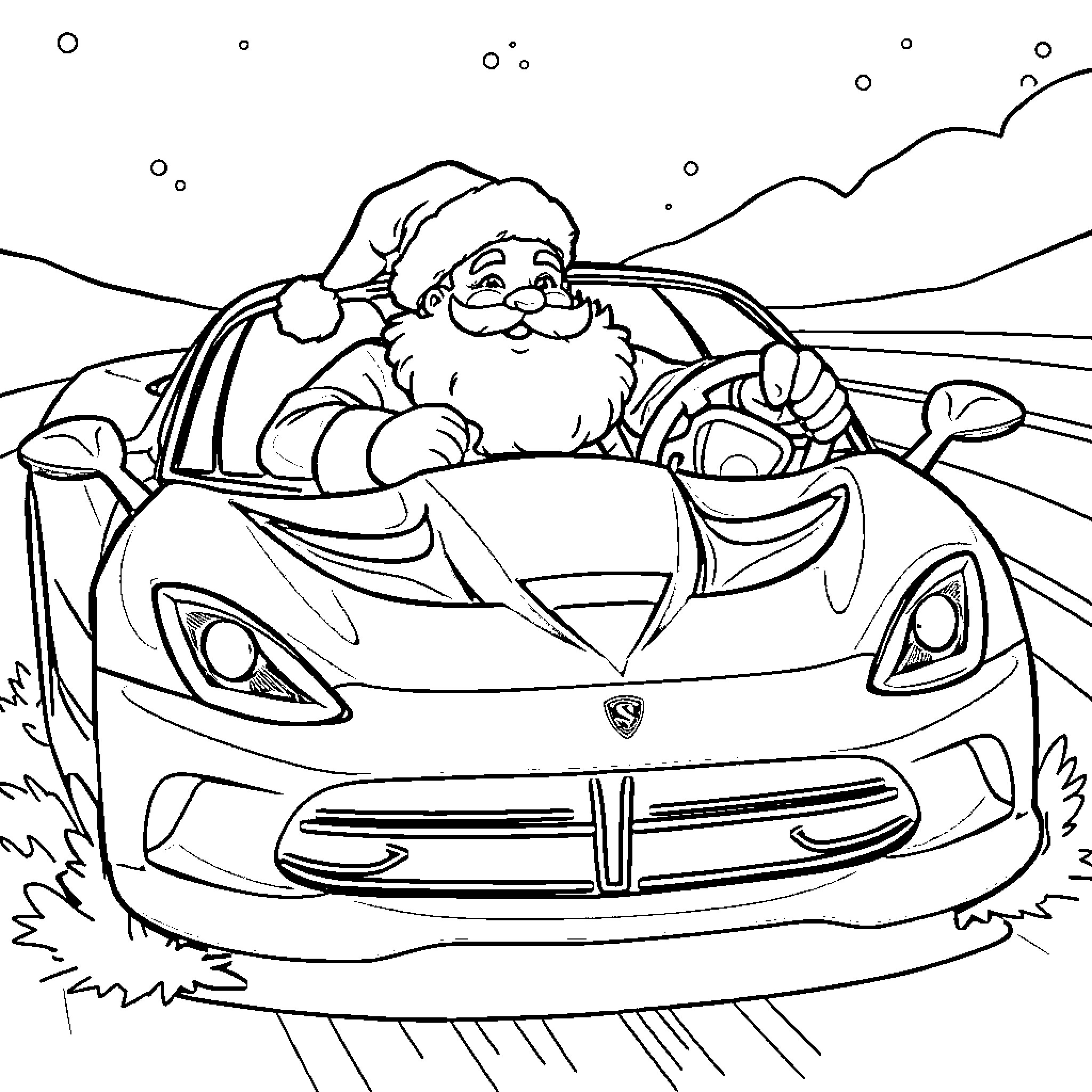 Santa driving a sports car joyfully Coloring Page (free black-and-white line drawing printable PDF for all, from beginners to advanced learners, including children, teens, adults, and seniors)