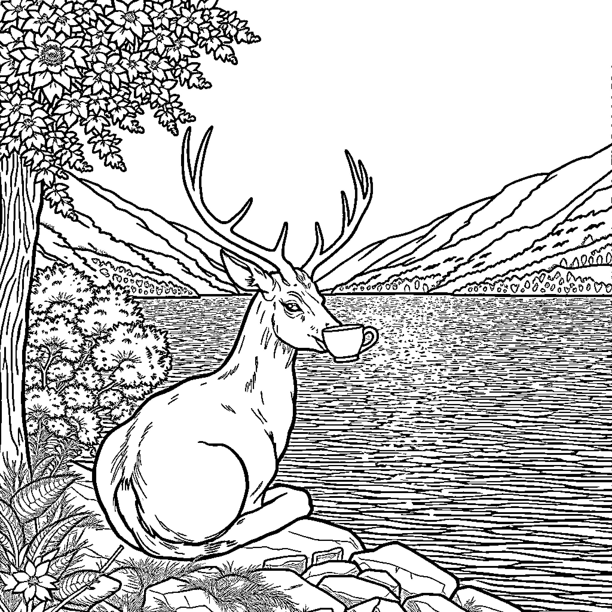 Deer sipping tea by the lakeside Coloring Page (free black-and-white line drawing printable PDF for all, from beginners to advanced learners, including children, teens, adults, and seniors)