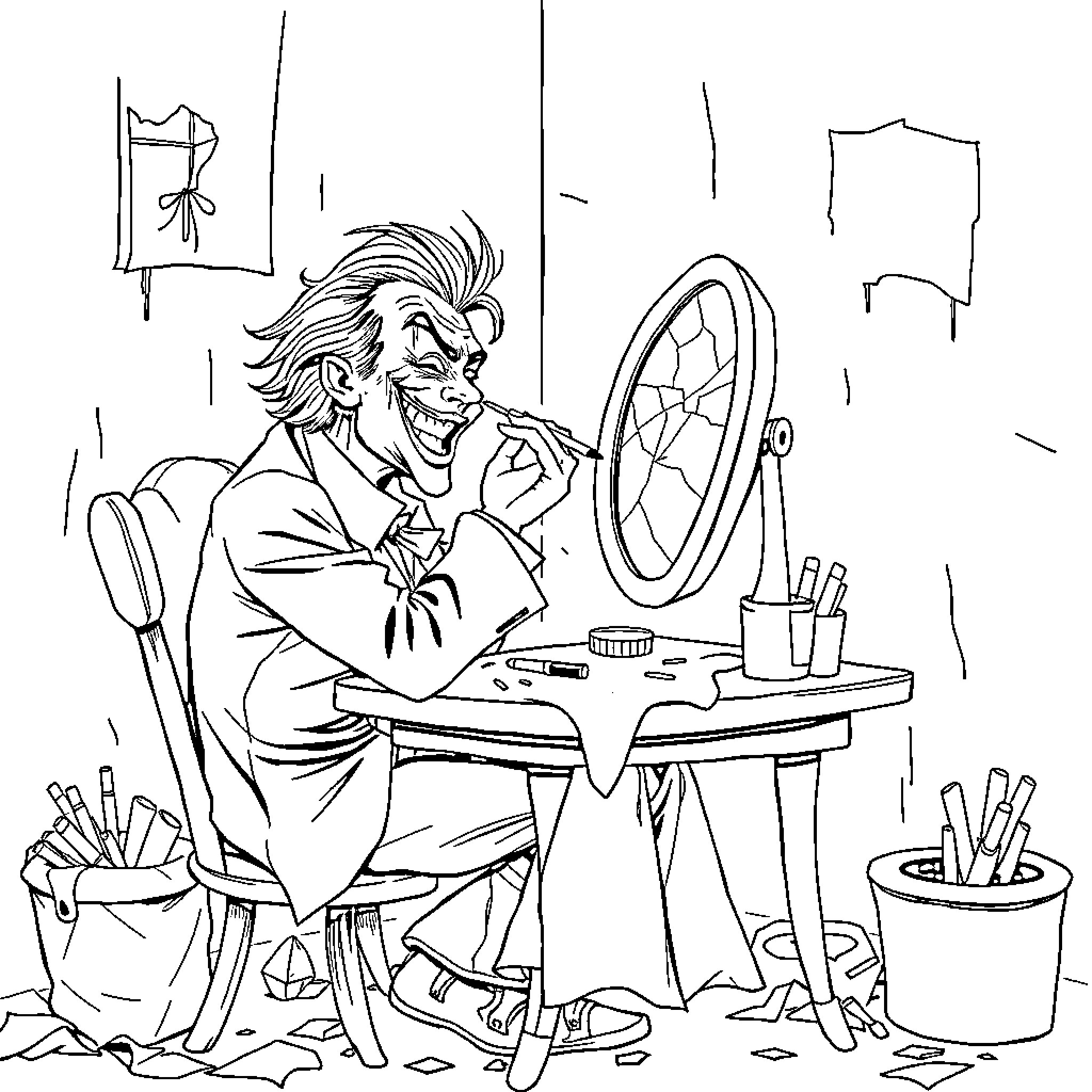 Joker Preparing His Mischievous Plan in Chaotic Workspace Coloring Page (free black-and-white line drawing printable PDF for all, from beginners to advanced learners, including children, teens, adults, and seniors)