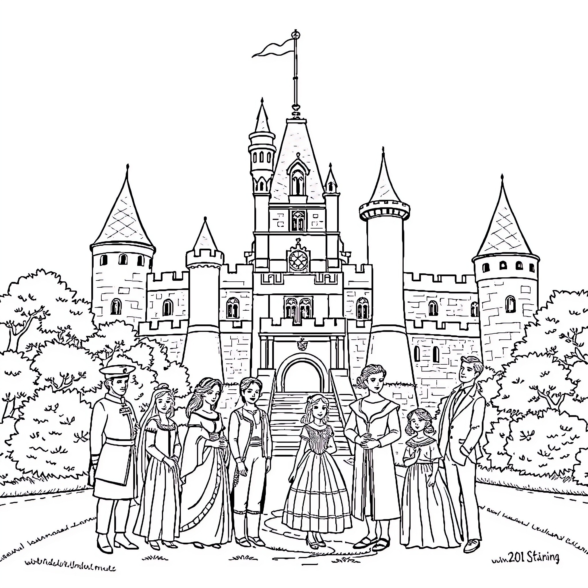 Royal Family at Enchanted Castle Coloring Page (free black-and-white line drawing printable PDF for all, from beginners to advanced learners, including children, teens, adults, and seniors)