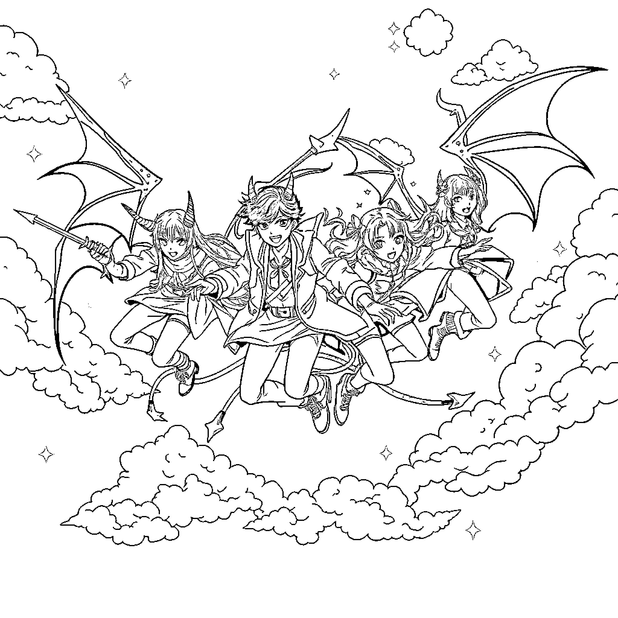 Demon Hunters soaring through the clouds Coloring Page (free black-and-white line drawing printable PDF for all, from beginners to advanced learners, including children, teens, adults, and seniors)
