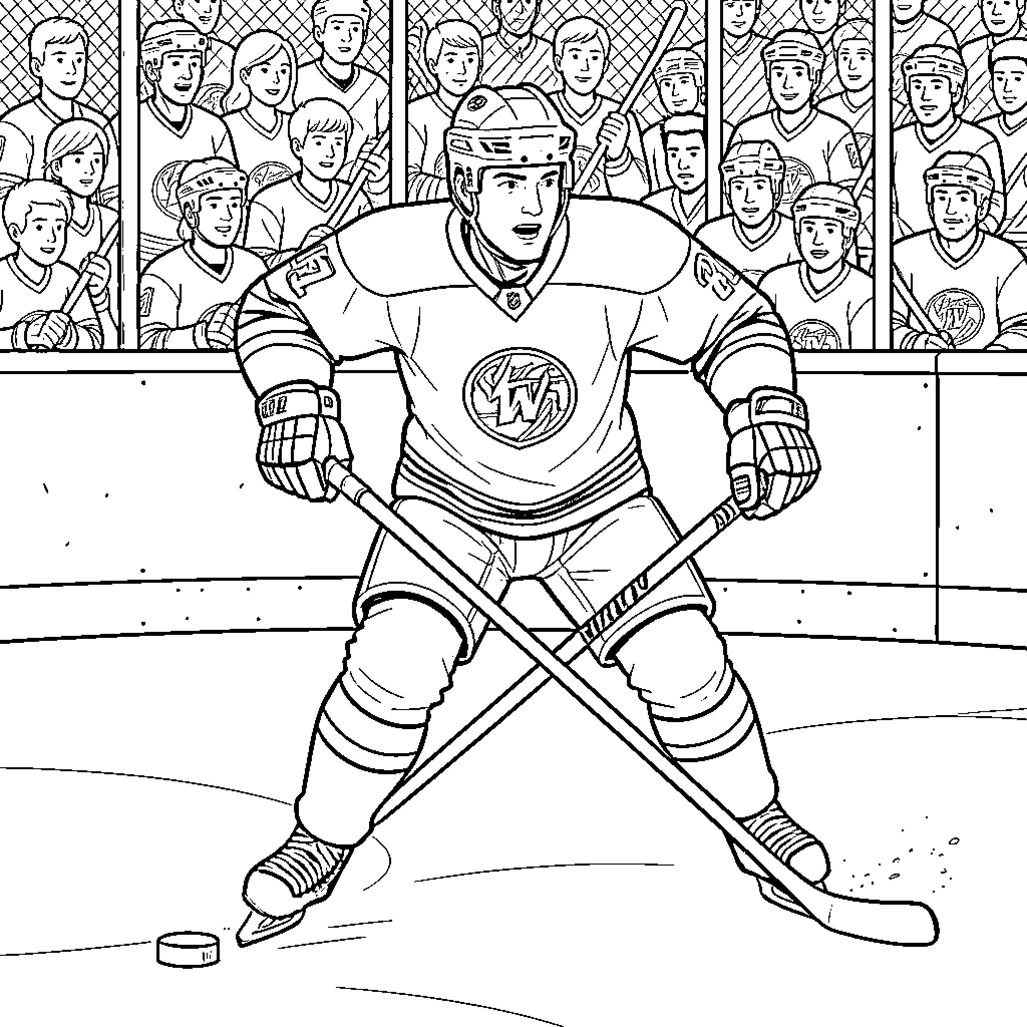 Wayne Gretzky playing hockey on the ice rink Coloring Page (free black-and-white line drawing printable PDF for all, from beginners to advanced learners, including children, teens, adults, and seniors)