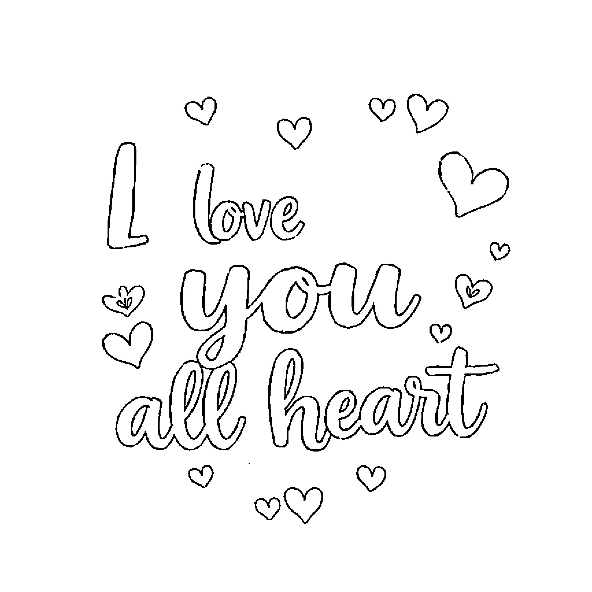 Love You All Heart Coloring Page (free black-and-white line drawing printable PDF for all, from beginners to advanced learners, including children, teens, adults, and seniors)