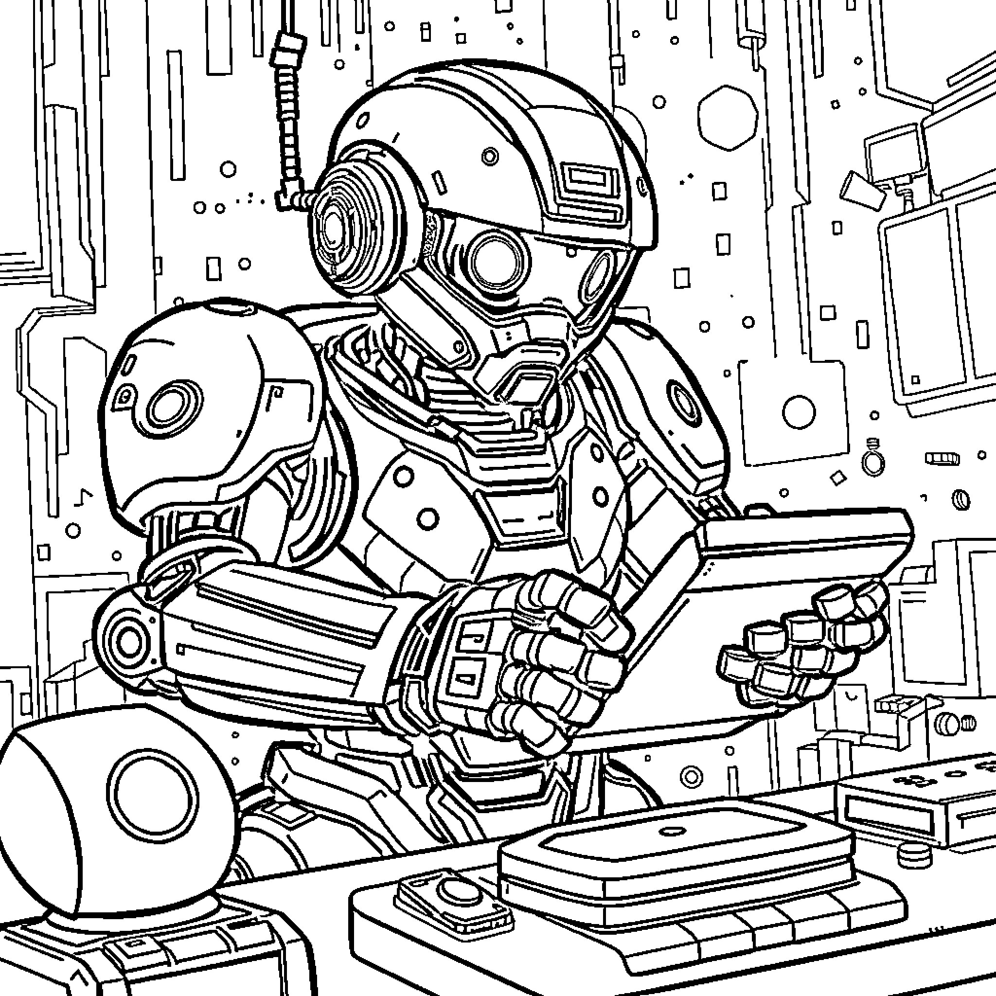 Robot Technician Repairing Futuristic Machinery Coloring Page (free black-and-white line drawing printable PDF for all, from beginners to advanced learners, including children, teens, adults, and seniors)