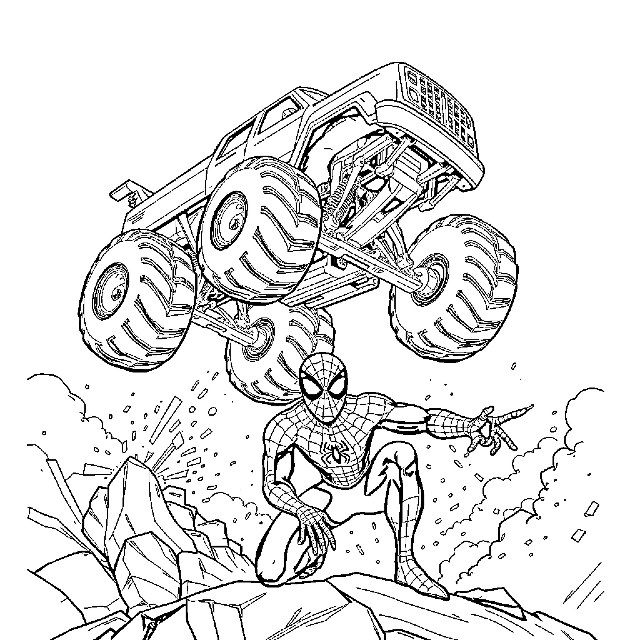 Monster Truck Crushing Superhero on Rugged Terrain Coloring Page (free black-and-white line drawing printable PDF for all, from beginners to advanced learners, including children, teens, adults, and seniors)