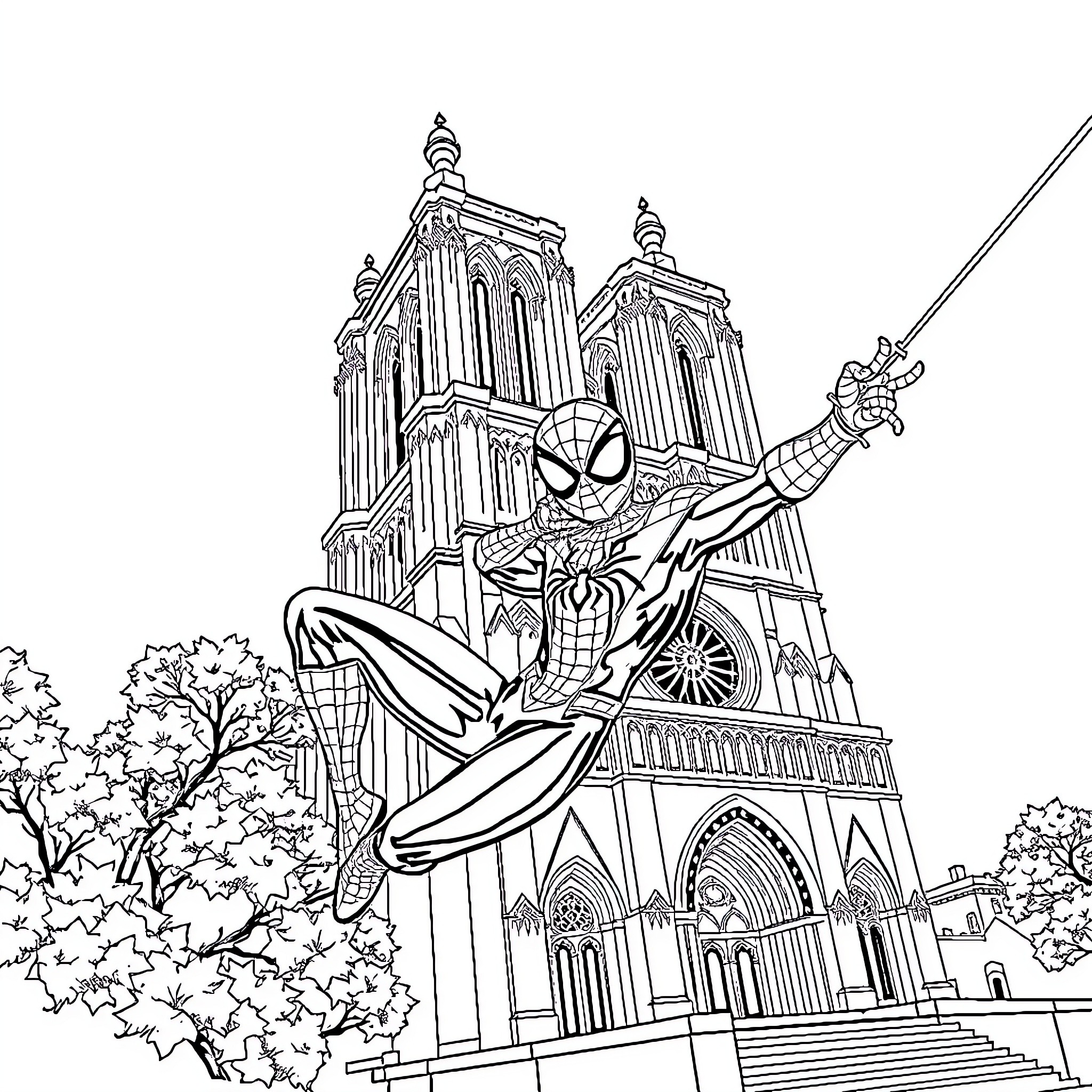 Spiderman swinging in front of a magnificent cathedral Coloring Page (free black-and-white line drawing printable PDF for all, from beginners to advanced learners, including children, teens, adults, and seniors)