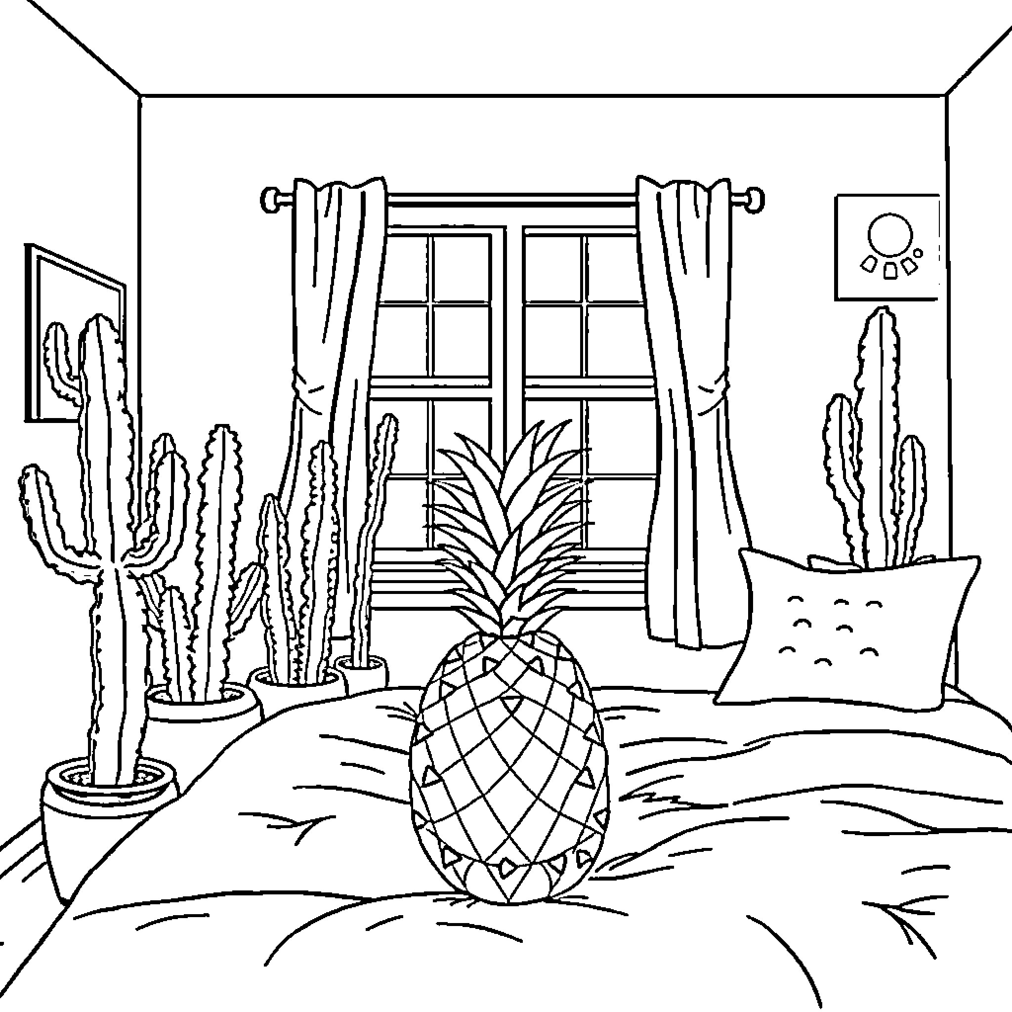 Cactus decorating a cozy indoor space Coloring Page (free black-and-white line drawing printable PDF for all, from beginners to advanced learners, including children, teens, adults, and seniors)