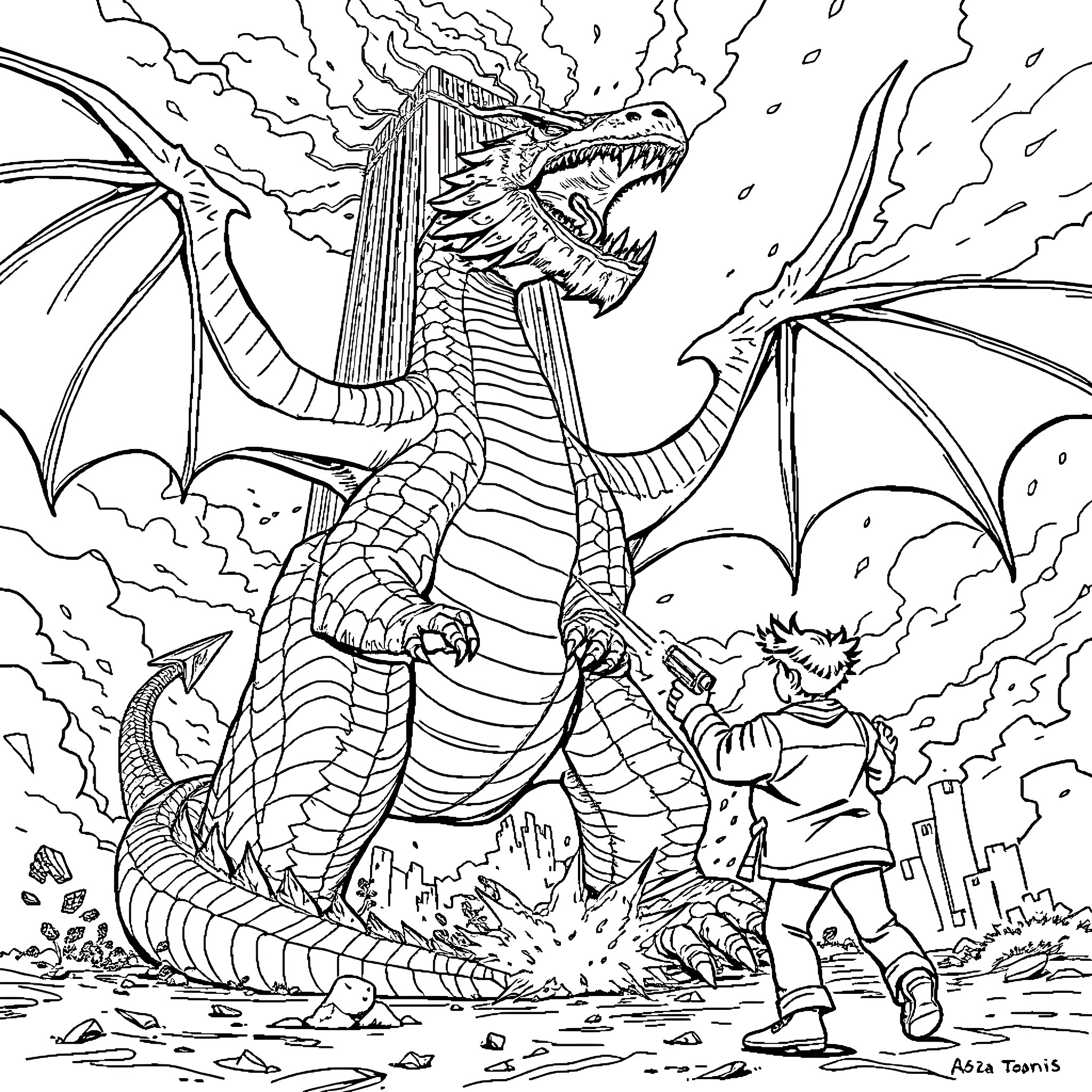 Dragon engaged in battle with a warrior Coloring Page (free black-and-white line drawing printable PDF for all, from beginners to advanced learners, including children, teens, adults, and seniors)