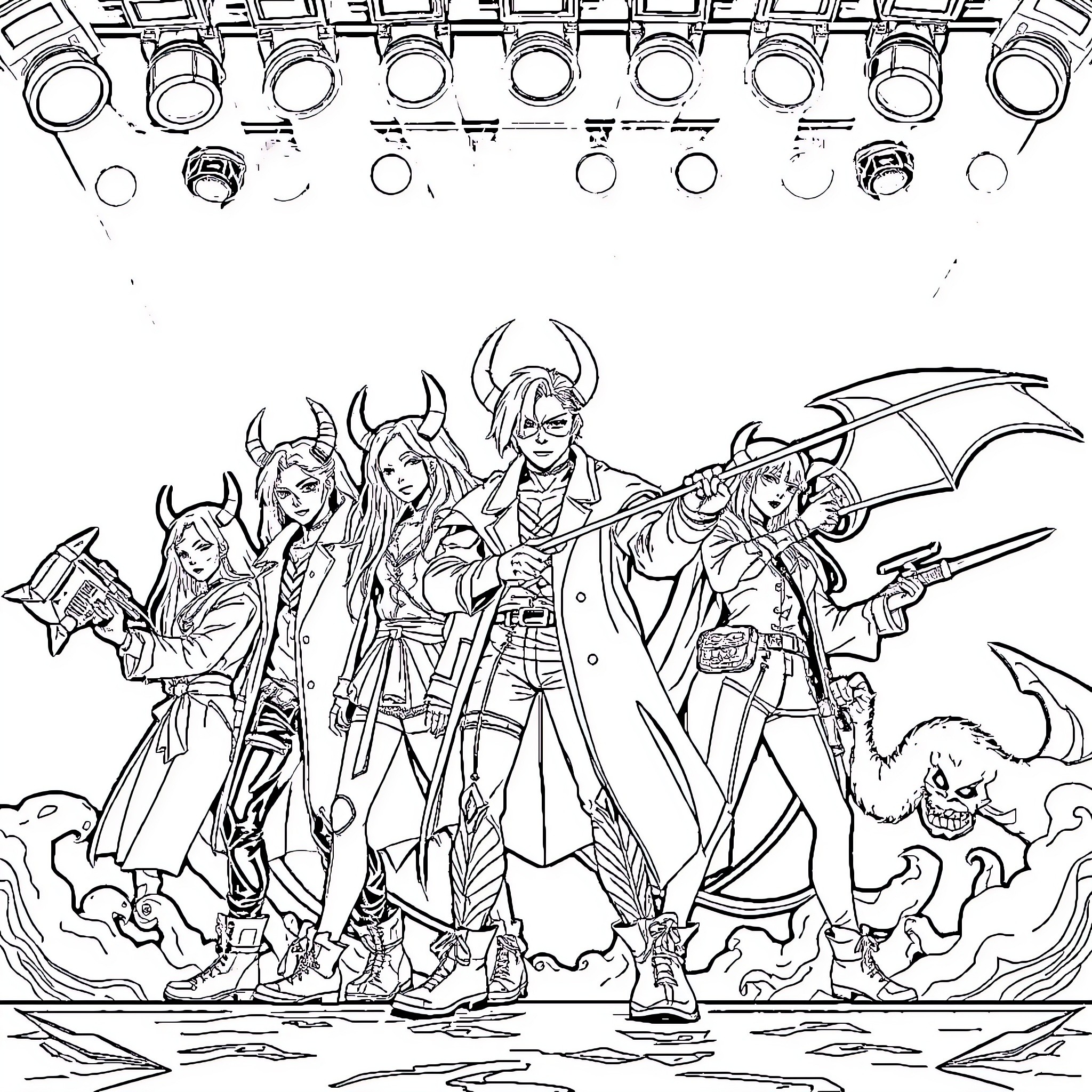 Demon Hunters with Weapons and Demonic Creatures Coloring Page (free black-and-white line drawing printable PDF for all, from beginners to advanced learners, including children, teens, adults, and seniors)